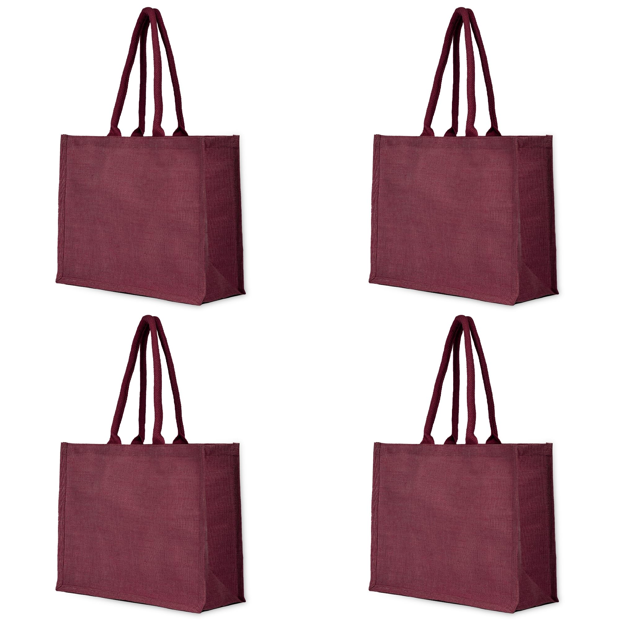 Pack of 4 Deep Red Colour Juco Tote Bags – Reusable Burlap Gift & Jute Grocery Totes with Handles for Shopping, Weddings, Parties, Christmas & DIY – 15" W x 12" H x 6" D – Eco-Friendly