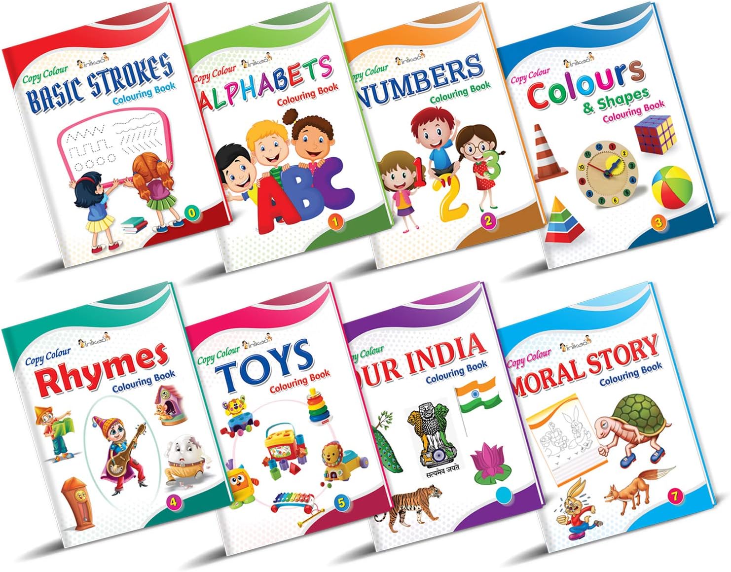Coloring Books Set of 8 for Kids (Age 2โ6) | A4 Size | 16 Pages Each | Basic Strokes, Alphabet, Numbers, Colors & Shapes, Toys, Rhymes, Moral Stories ... | InIkao (Copy Colouring Books Collection)