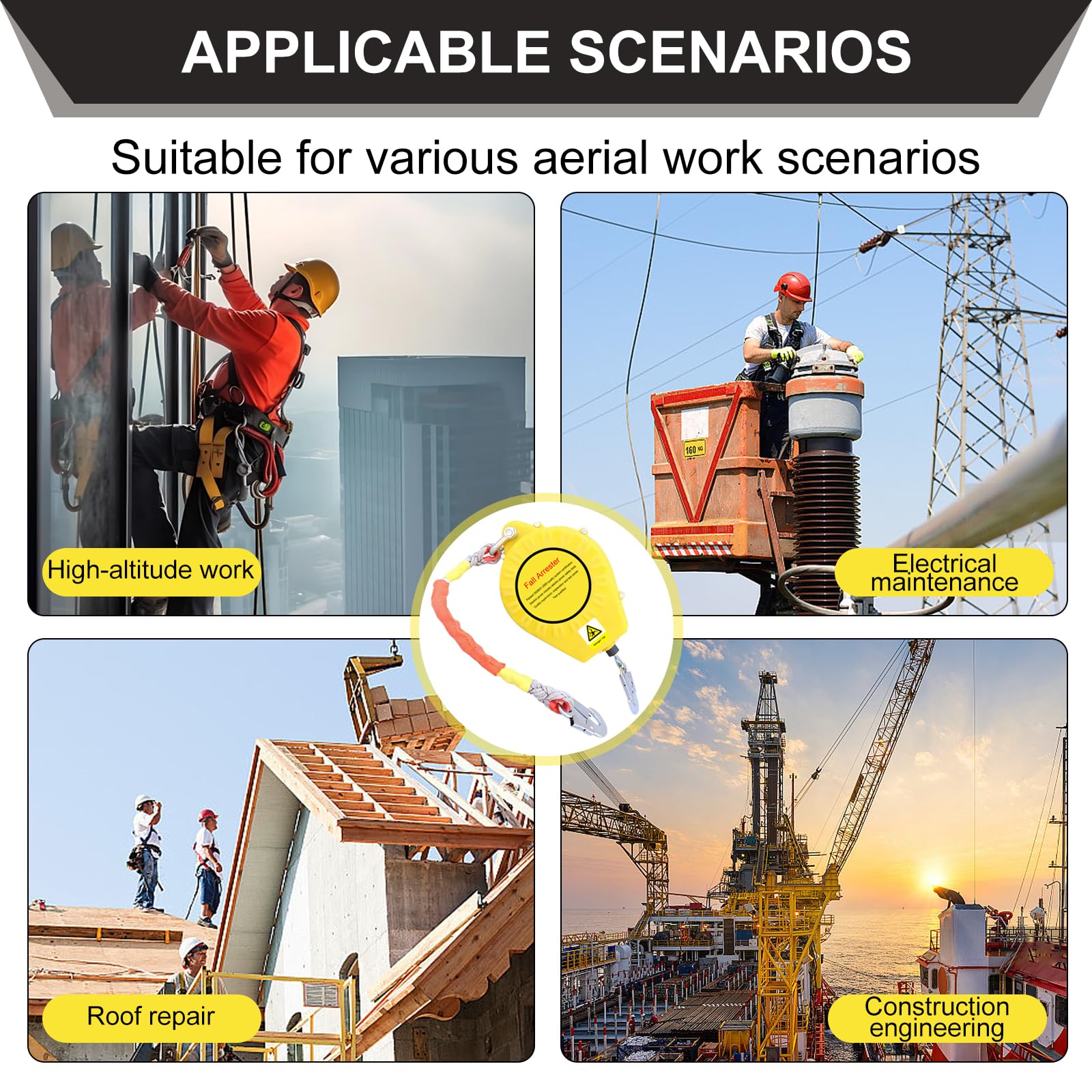 Höhensicherungsgerät 3m/5m/7m/10m/15m/20m, Multifunktionale Absturzsicherung Einziehbar, Fallschutz Absturzsicherung Dachdecker, Maximale Belastung:150kg (Yellow, 10m)