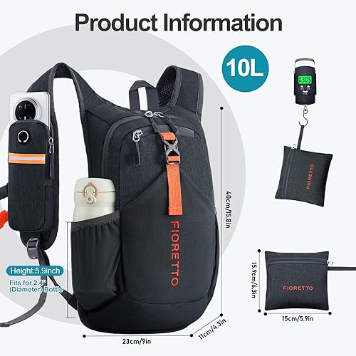 Miniatura 6 de FIORETTO Mochila de senderismo de 10L para mujeres y hombres, mini mochila plegable ligera para acampar viajes al aire libre, color negro