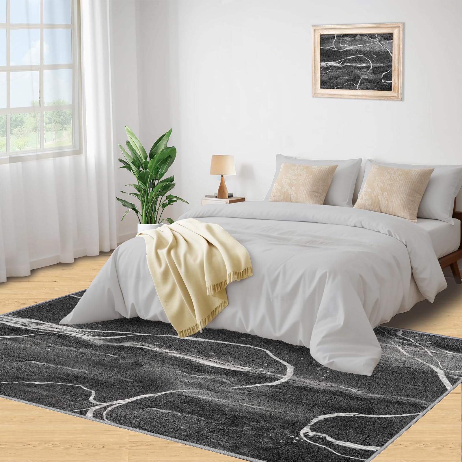 Tappeto lavabile 150 x 200 cm nero astratto marmo con strisce curve bianche antiscivolo, tappetino impermeabile per decorazione domestica, sala giochi, bar e ufficio