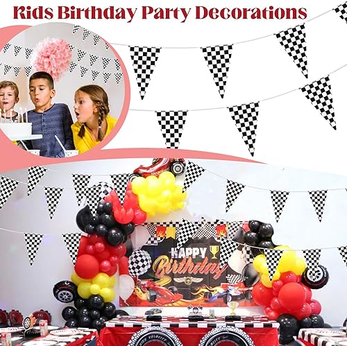 Miniatura 4 de Bandera a cuadros de 100 pies, banderas de carreras, ruedas de autos de carreras, decoraciones de fiesta de cumpleaños, suministros de decoración