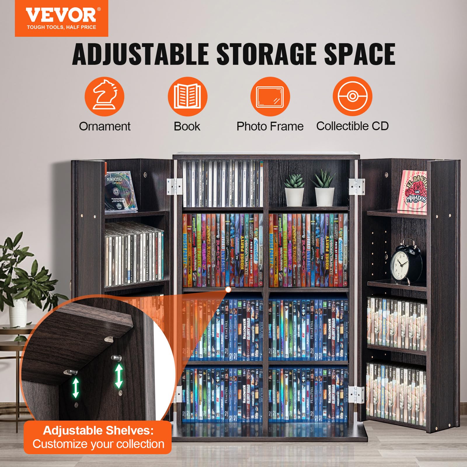 VEVOR Armadietto Portaoggetti Multimediale,Contenere Fino a 576 CD, Mobiletto DVD con Ante e Ripiani,Fipiani Regolabili Protegge Organizza Collezioni di Musica, Film,Videogiochi Cimeli, Espresso