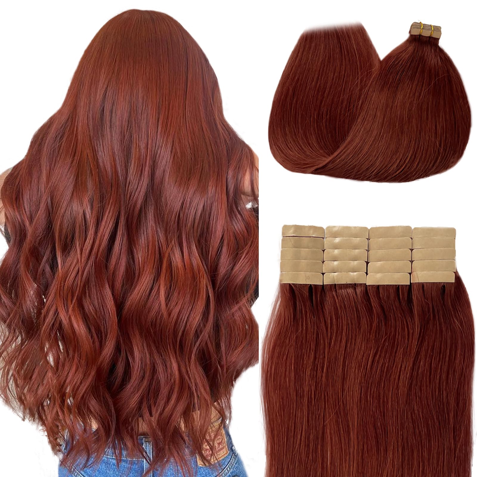 Tape in Hair Extensions #33 Dark Auburn 100% Real Human Hair Silky Straight for Women 24inch 20pcs 70g Dark Auburn Invisible Natural Human Tape in