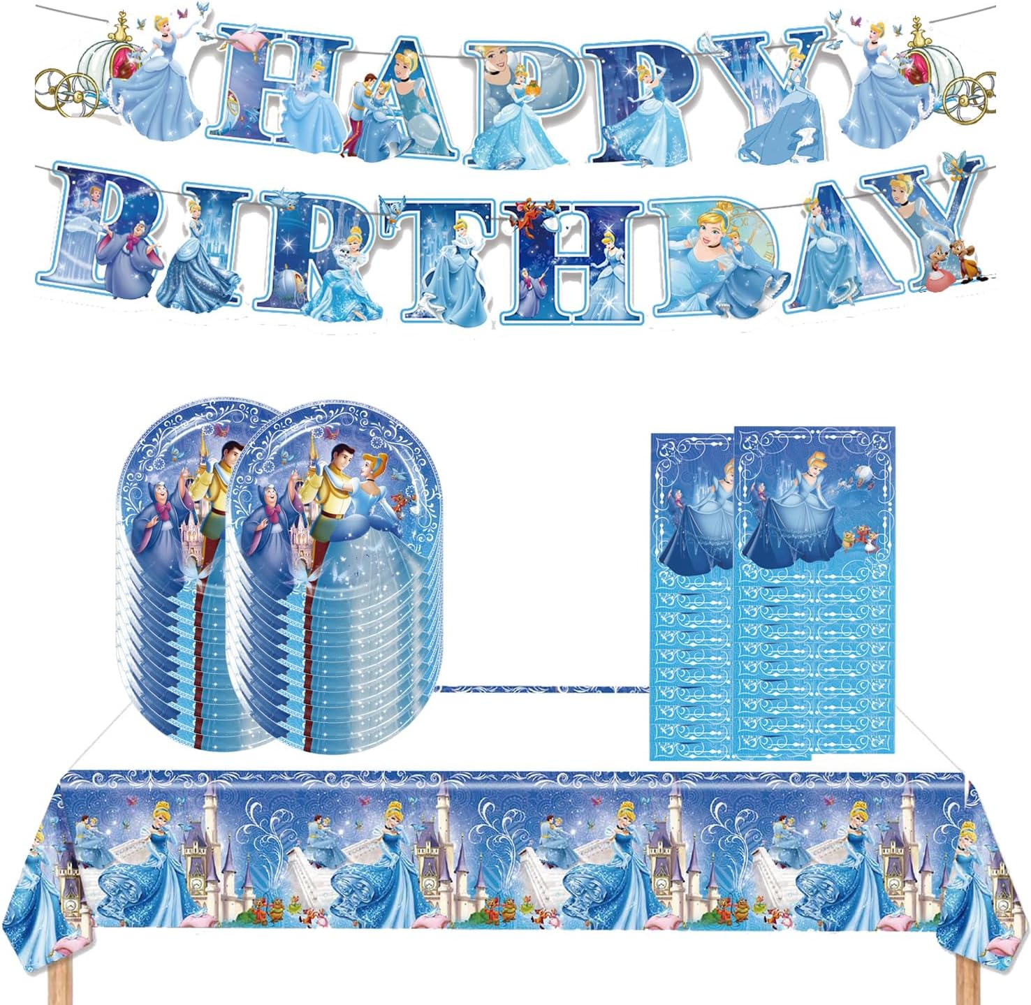 Cinderella Party Birthday Supplies, Princess Theme Party Tableware with Happy Birthday Banner, Tablecloth, Disposable Paper Plates with Napkins for Fans Party Supplies Decorations