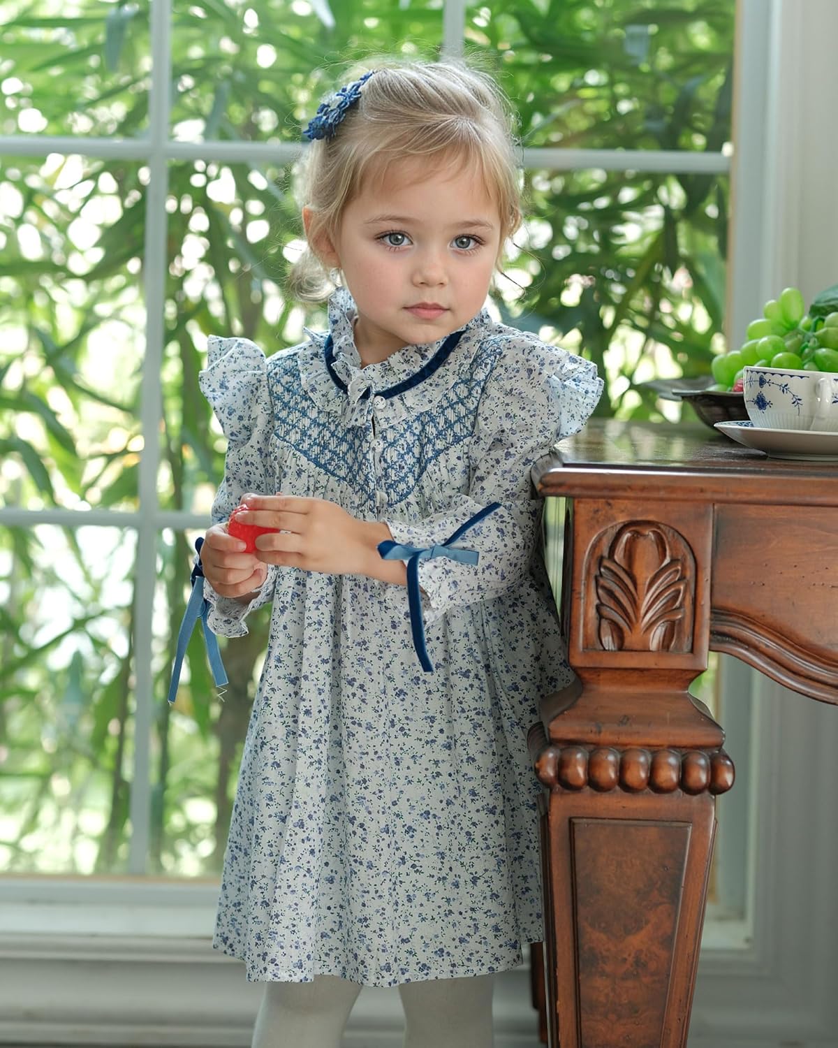 Toddler Baby Girl’s Floral Smocked Dresses | Long Sleeve Ruffle Vintage Dress with Bow
