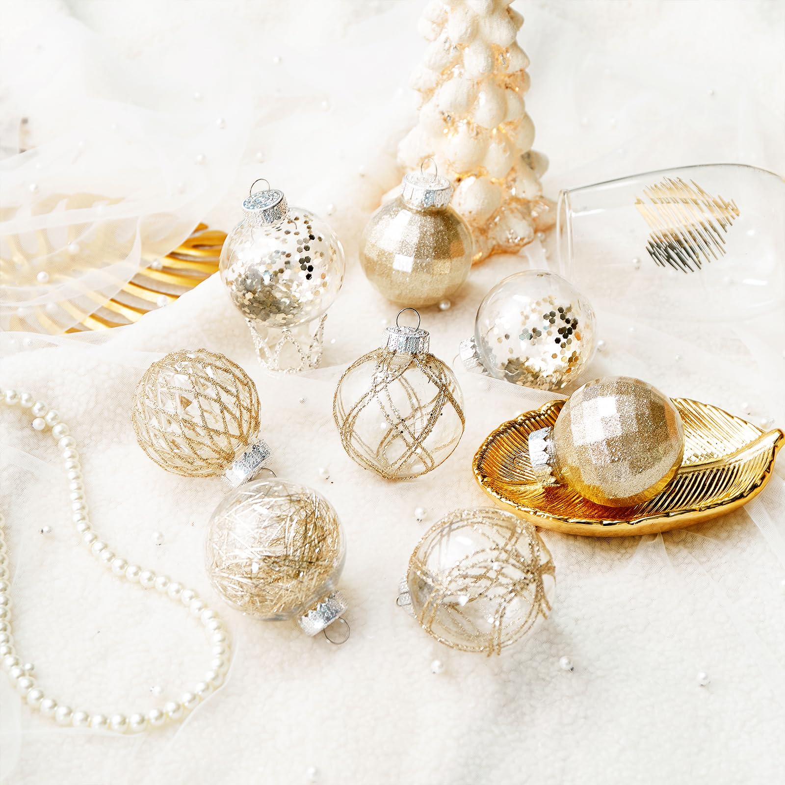 Juego de 30 Bolas de Navidad de plástico Transparente inastillables de 2.36 Pulgadas con Relleno Delicado Brillante, Decoraciones Colgantes para árbol de Navidad (Oro champán)