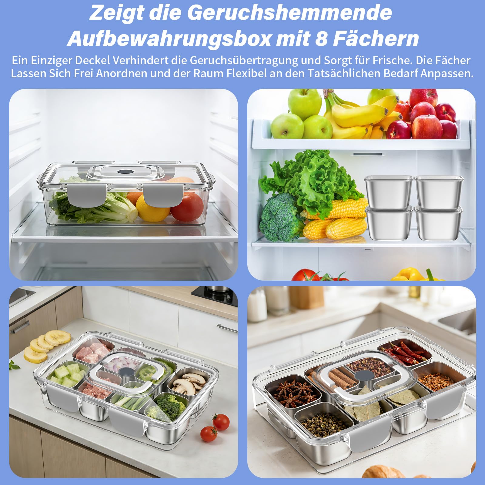 Snackbox Edelstahl mit 8 Fächern, Tragbar & Auslaufsicher, Spülmaschinenfest