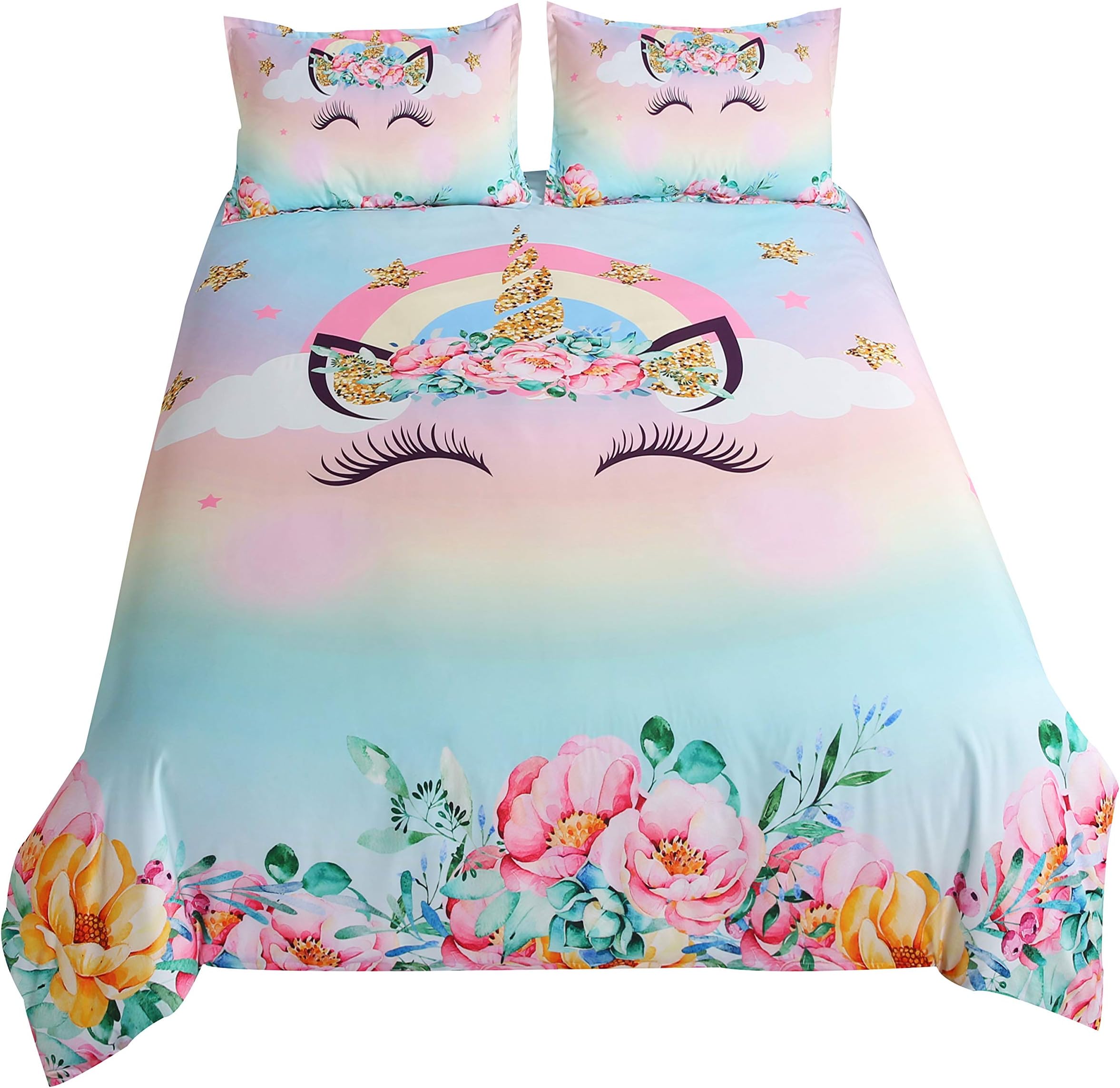 SunclorisFlower Unicorn Rainbow Glitter Stars,Birthday Party Gift,Home Bedding Set.Included:1Duvet Cover,2Pillowcase(no Comforter Inside) (Full)