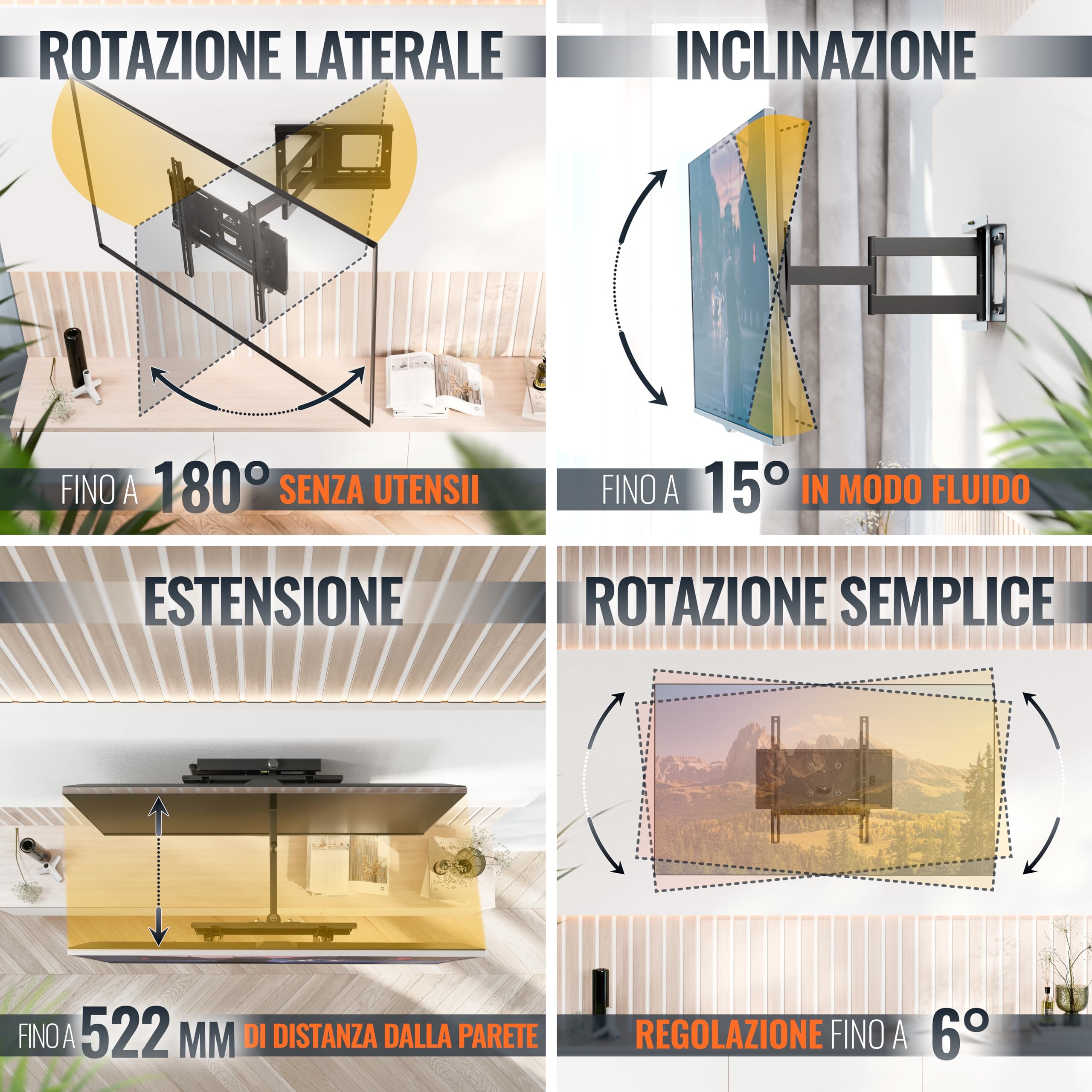 RICOO Supporto TV parete R23F 32“-65” pollici 81-165 cm Staffa televisore Girevole Inclinabile Porta televisione universale VESA 200 x 200-400 x 400 Nero