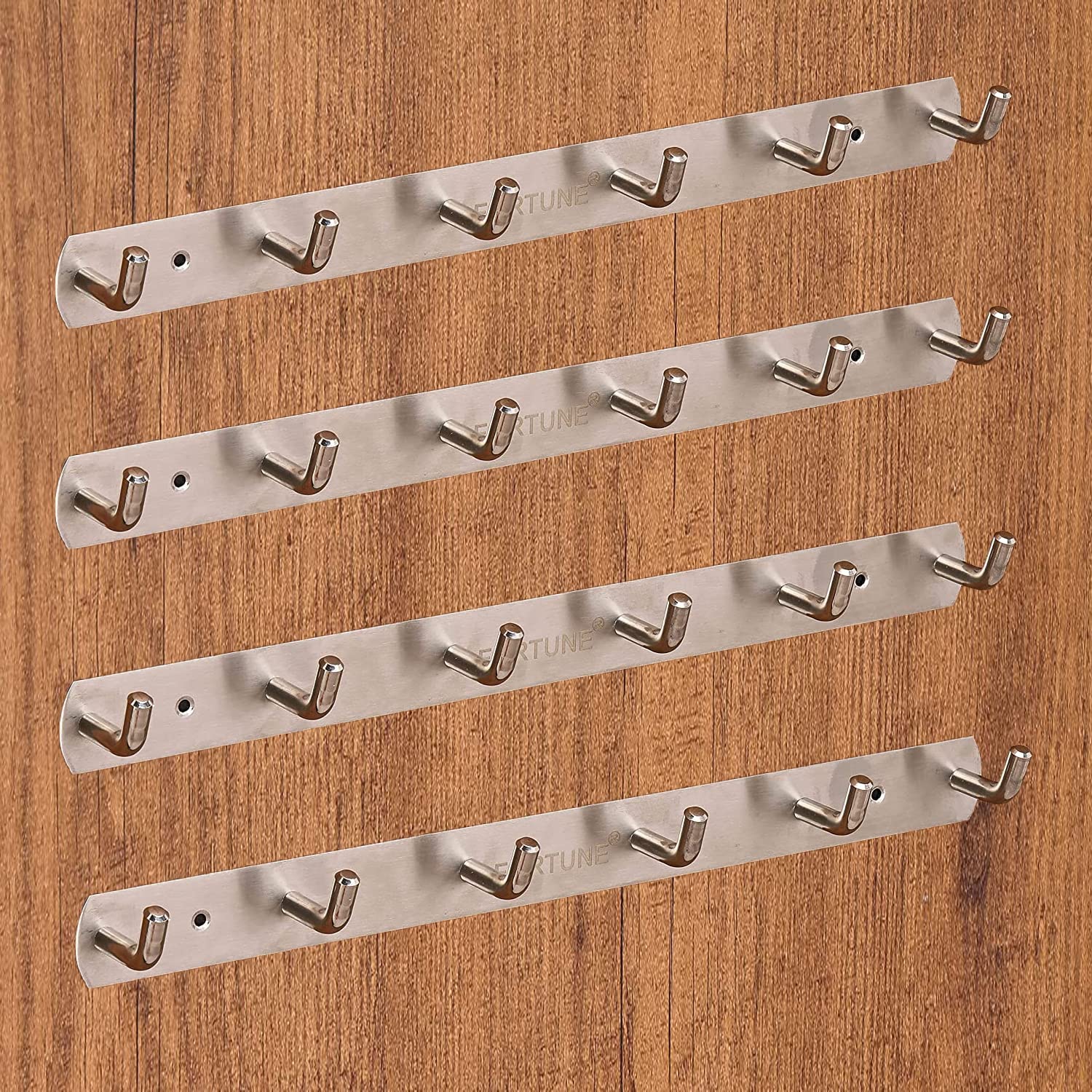 FORTUNE Hook Plate/Hook Patti Stainless Steel Coat Bath Towel Hook Hanger Rail Bar - 6 Hooks, (Pack of 4)