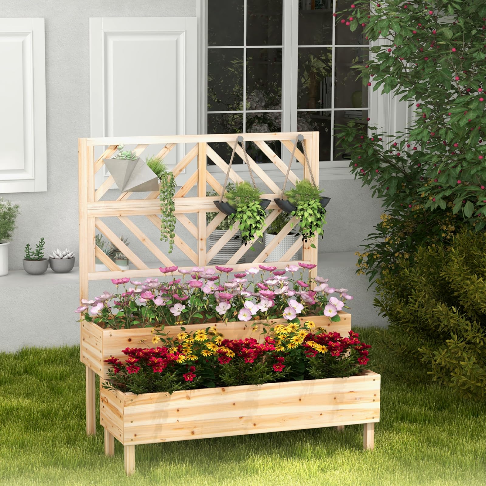 HOMASIS Macetero con rejilla de madera para exterior, jardinera con enrejado de 2 estantes, jardinera vertical elevada para plantas trepadoras de abeto con agujeros de drenaje, 109x62x135 cm (Natural)