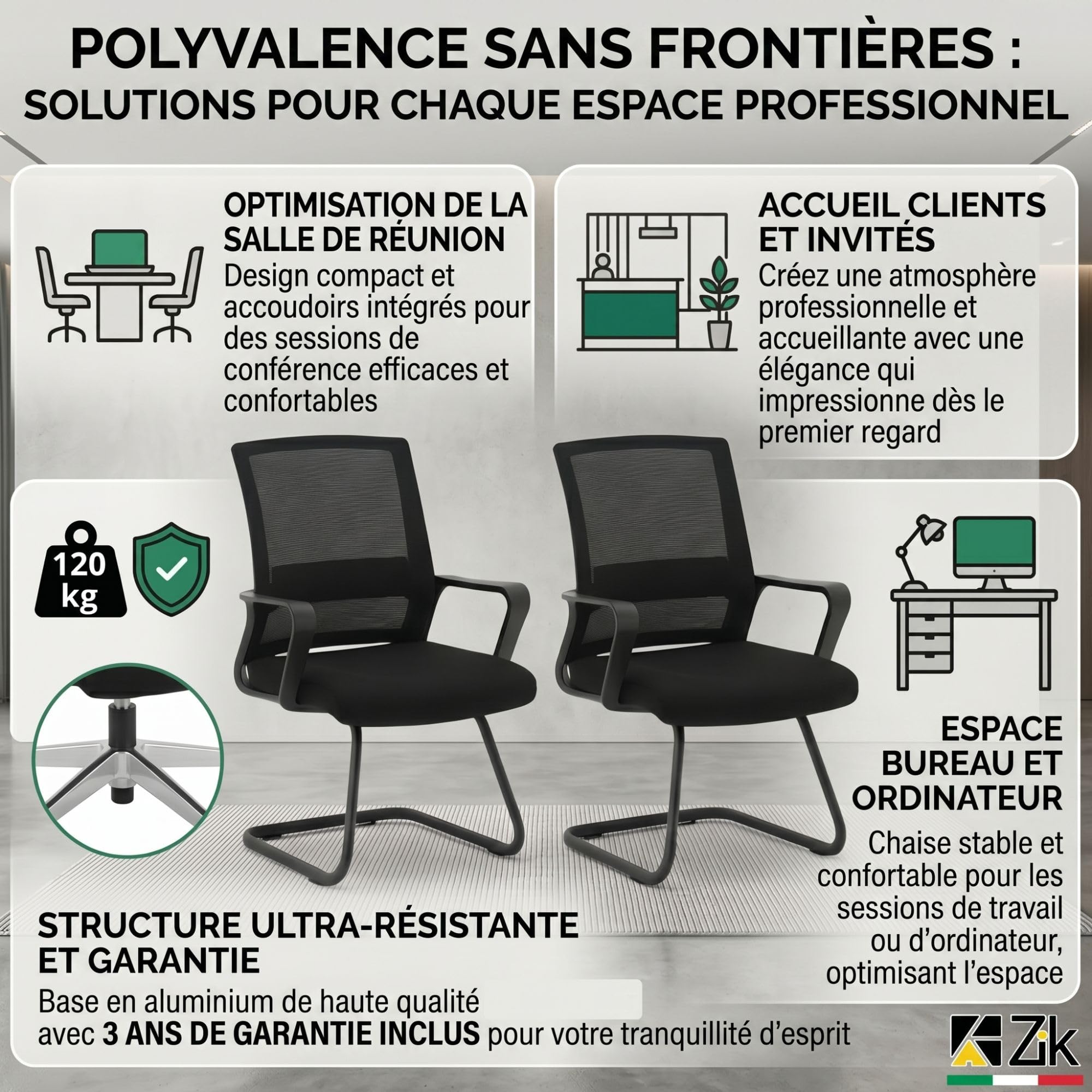ZIK Chaise Salle d'Attente Lot de 2, Fauteuil Bureau Confortable Respirant avec Accoudoirs