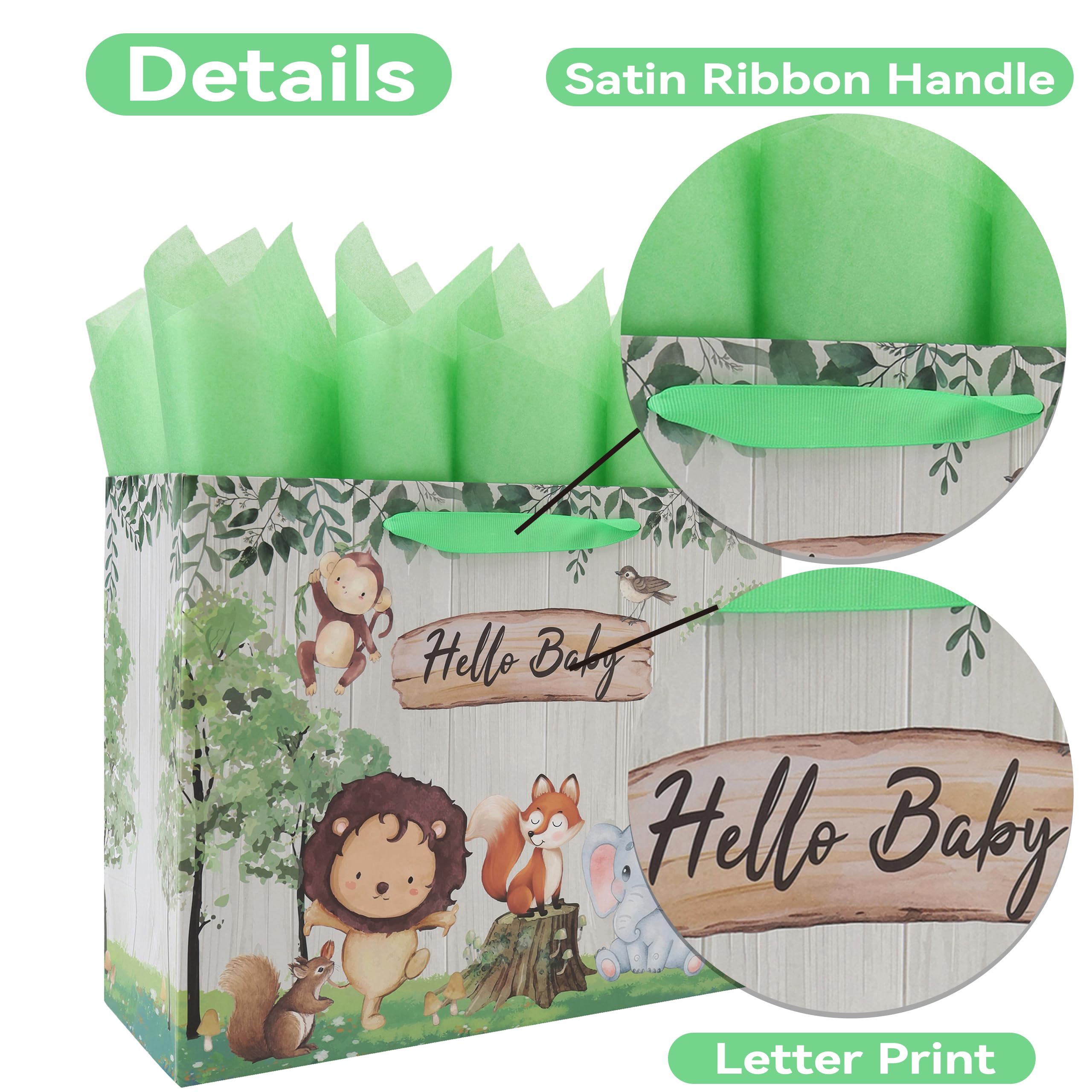 13'' Large Baby Boy Girl Gift Bag Set with Handles, Greeting Card, Green Tissue Papers and Stickers for Birthday, Baby Shower, Newborn, New Moms, Woodland Animals Design, 1 Pcs
