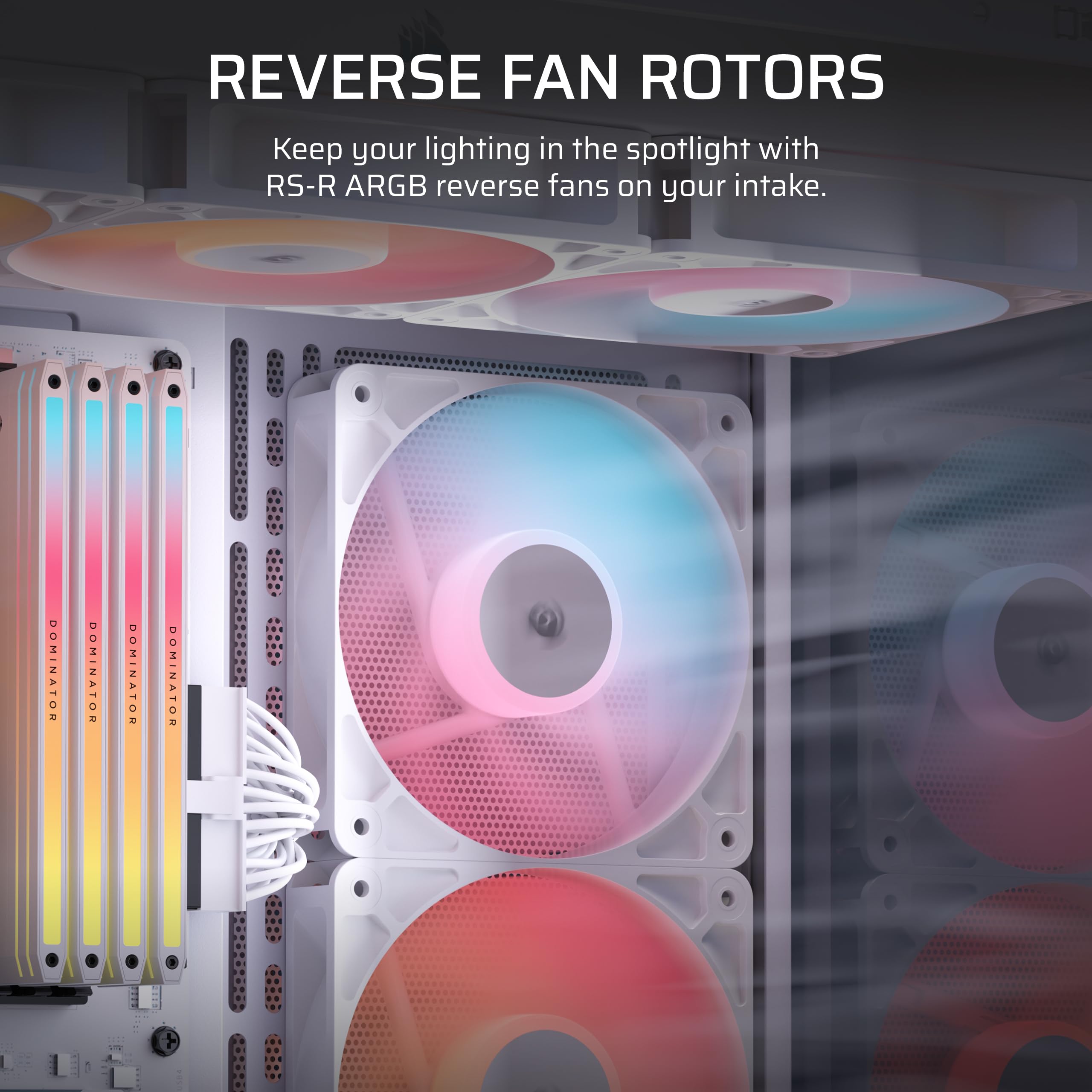 CORSAIR RS120-R ARGB 120 mm PWM Wentylatorów o Odwróconym Przepływie – Odwrócone Łopatki Wentylatora, 8 Diod LED RGB — Wysokie Ciśnienie Statyczne, Tryb Zero RPM – Zestaw Potrójny – Biały