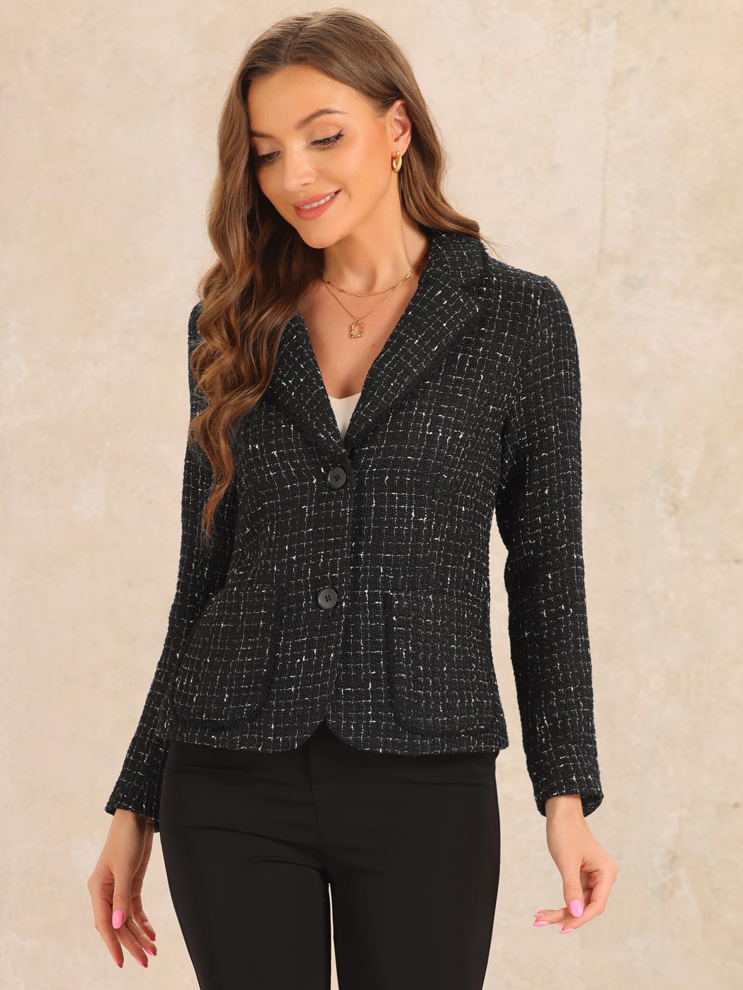 Allegra K Veste en Tweed à Carreaux Femme avec Bouton à Revers Cranté Blazer Élégant à Manches Longues | Style vintage élégant, manches longues, automne hiver, boutonné, poches avant