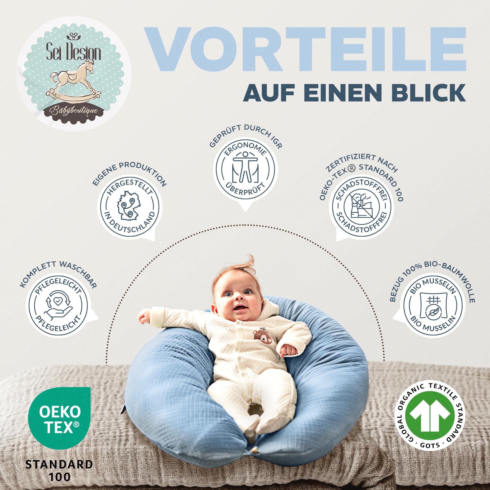 sei Design Stillkissen Mikroperlen XXL Lagerungskissen Schwangerschaftskissen Seitenschläferkissen 190x35 cm groß (Bezug Musselin Denim, Füllung EPS Mikroperlen)