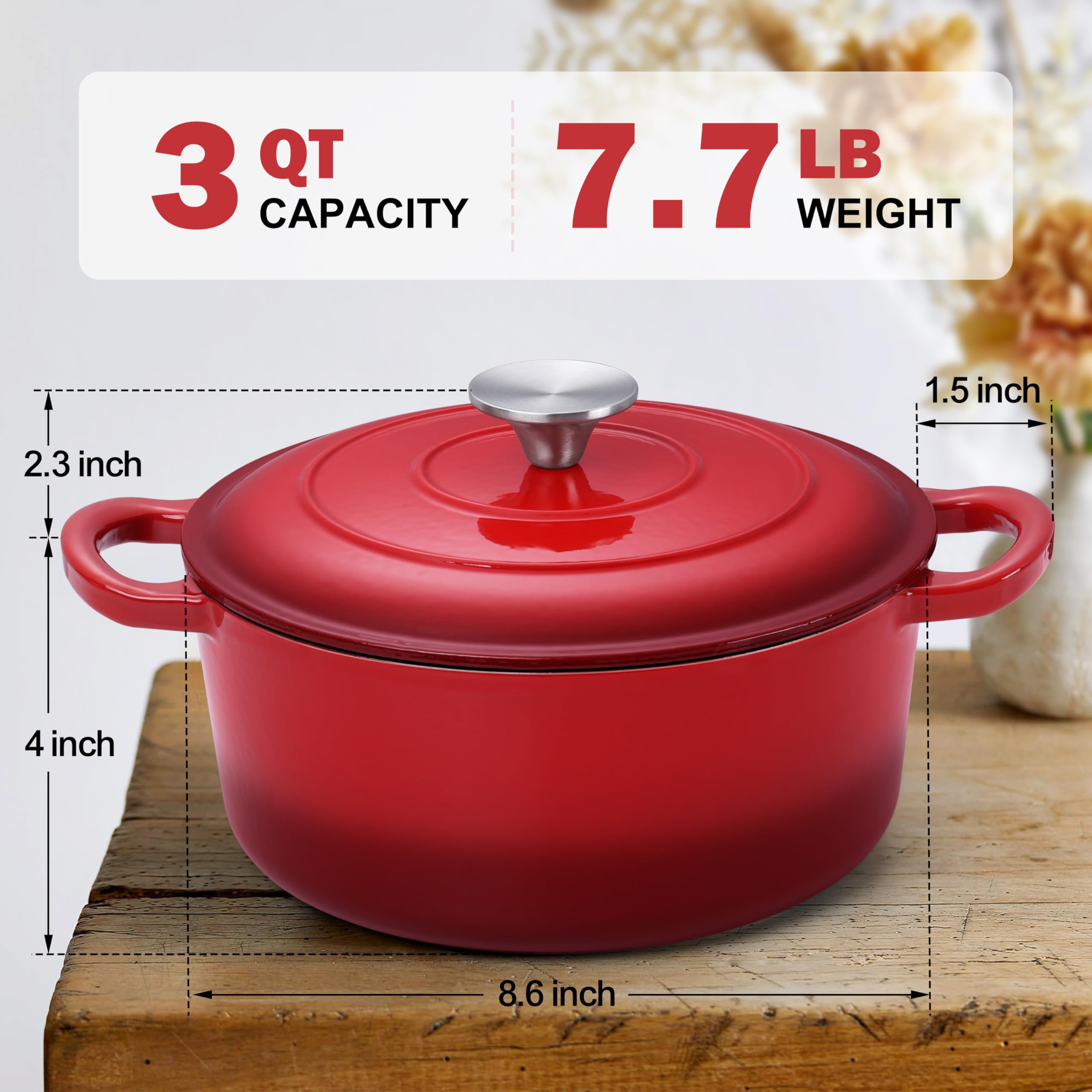 Small 3 Quart Dutch Oven, HaSteeL Round Cast Iron Cooking Pot with Lid, Nonstick Enameled Cookware for Sourdough Bread Baking Roasting Stewing Braising Frying, Heavy Duty & Oven Safe 500?, Red
