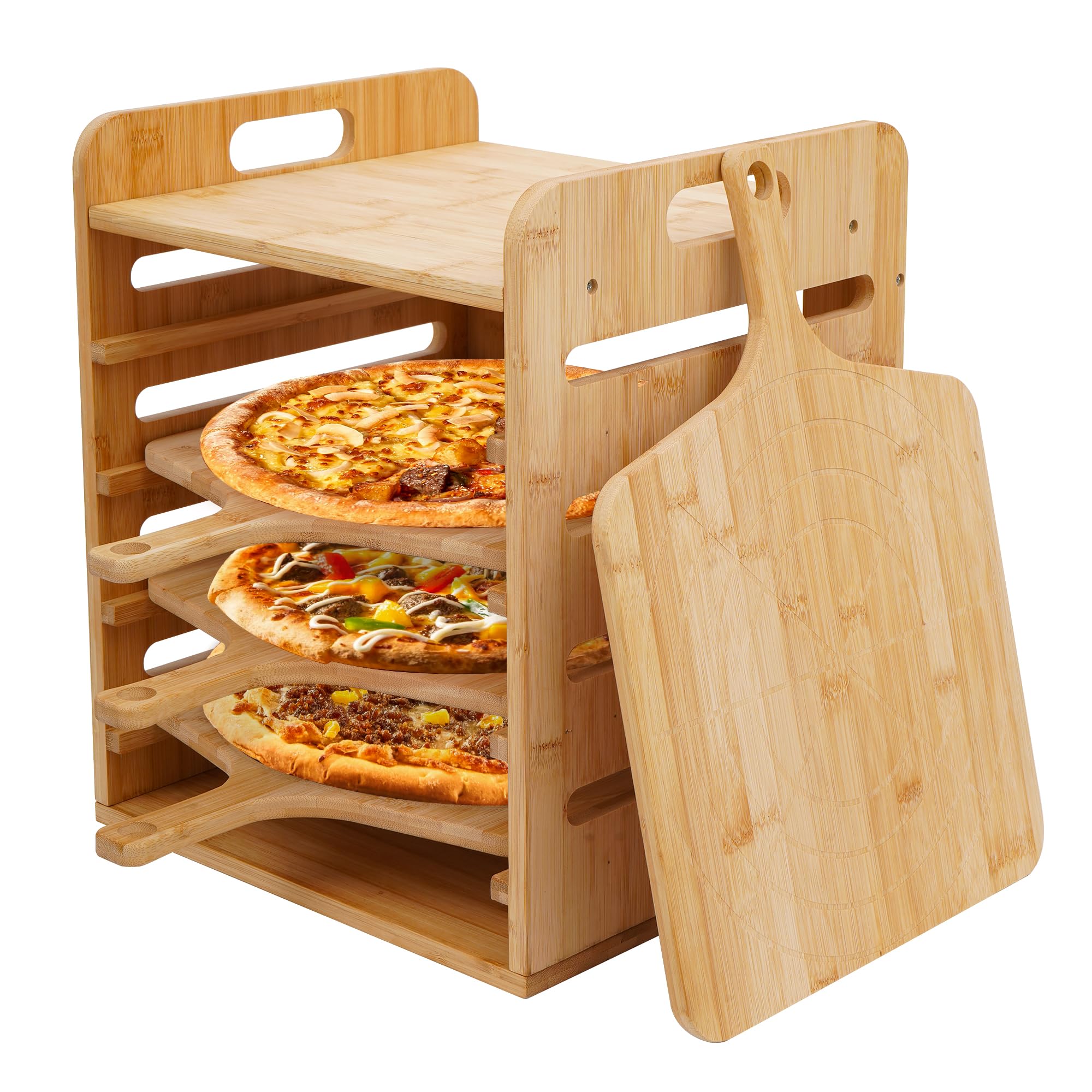 lesolar Pizza Peel Rack 12 inch x 4 Pizza Cutting Board with Handle,Pizza Paddle Wood with Grooves,Non-Stick Bamboo Pizza Boards Set for Easy Storage and Baking Multiple Pizzas and Bread