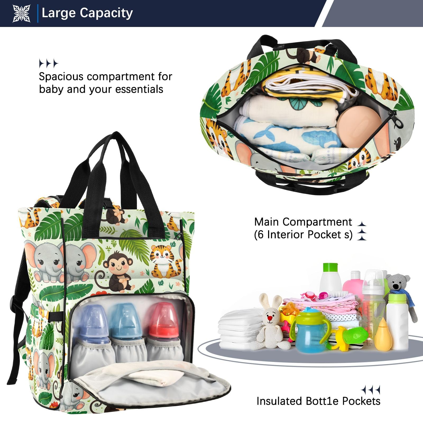 Mnsruu Simpatici animali della giungla con motivo a foglie di palma senza cuciture sfondo borsa per pannolini per bambini zaino grande borsa impermeabile da viaggio borse per pannolini per mamme e