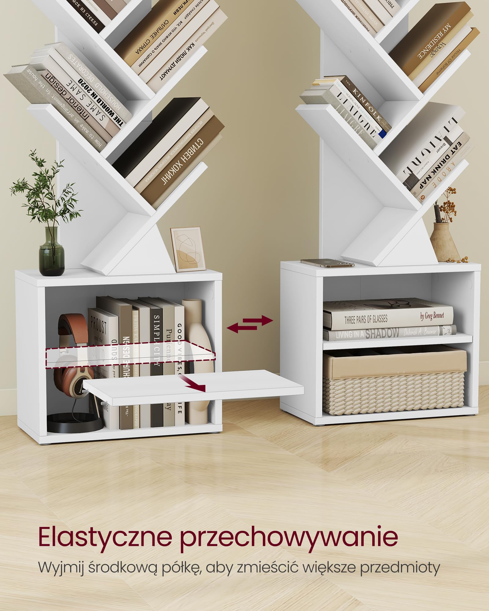 VASAGLE Kolekcja Custos – regał na książki w kształcie drzewa, regał stojący, regał narożny, oszczędność miejsca, regał do przechowywania, sypialnia, salon, domowe biuro, 2 półki, 20,3 x 38 x 123,2 cm