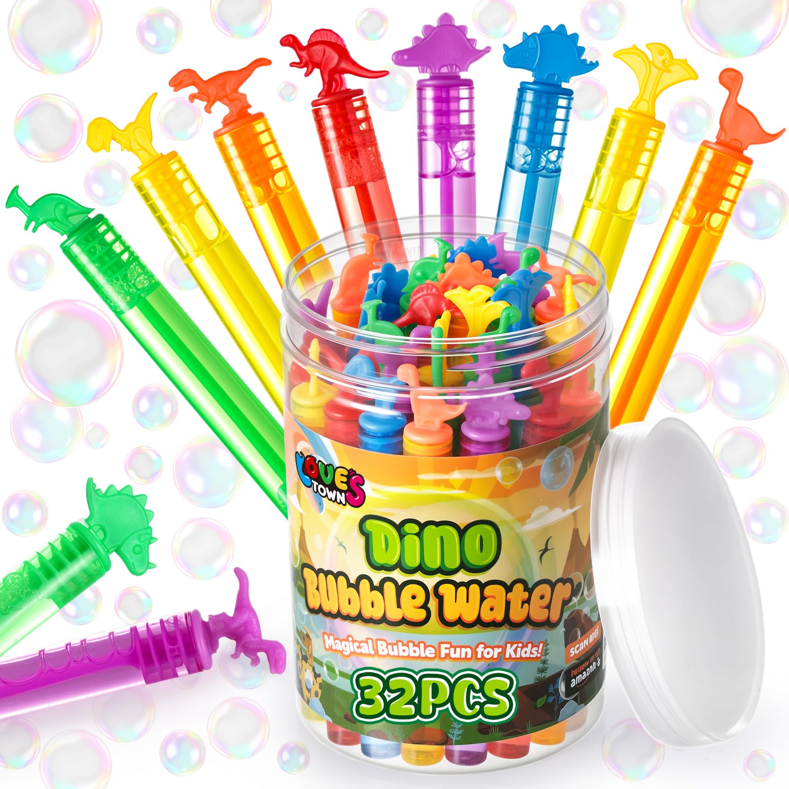 LovesTown 32Pack Bubbles for Kids Party Favors, 8Styles Dinosaur Mini Bubbles Wands, Classroom Giveaways, Carnival Prizes, Birthday Treats Supplies,
