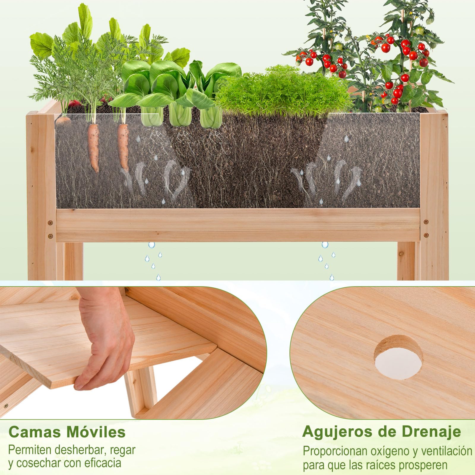 GOPLUS Jardinera Elevada de Madera Abeto 130L, Huerto con Paneles Acrílicos y Orificios de Drenaje, Cama Elevada de Jardín para Plantas, Verduras, Frutas, Hierbas, Flores (100x59x77cm)