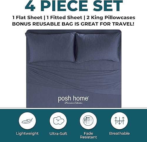 Miniatura 3 de Posh Home Juego de sábanas de jersey de 4 piezas, tamaño King, azul marino camiseta transpirable y suave, mezcla de algodón, incluye sábana