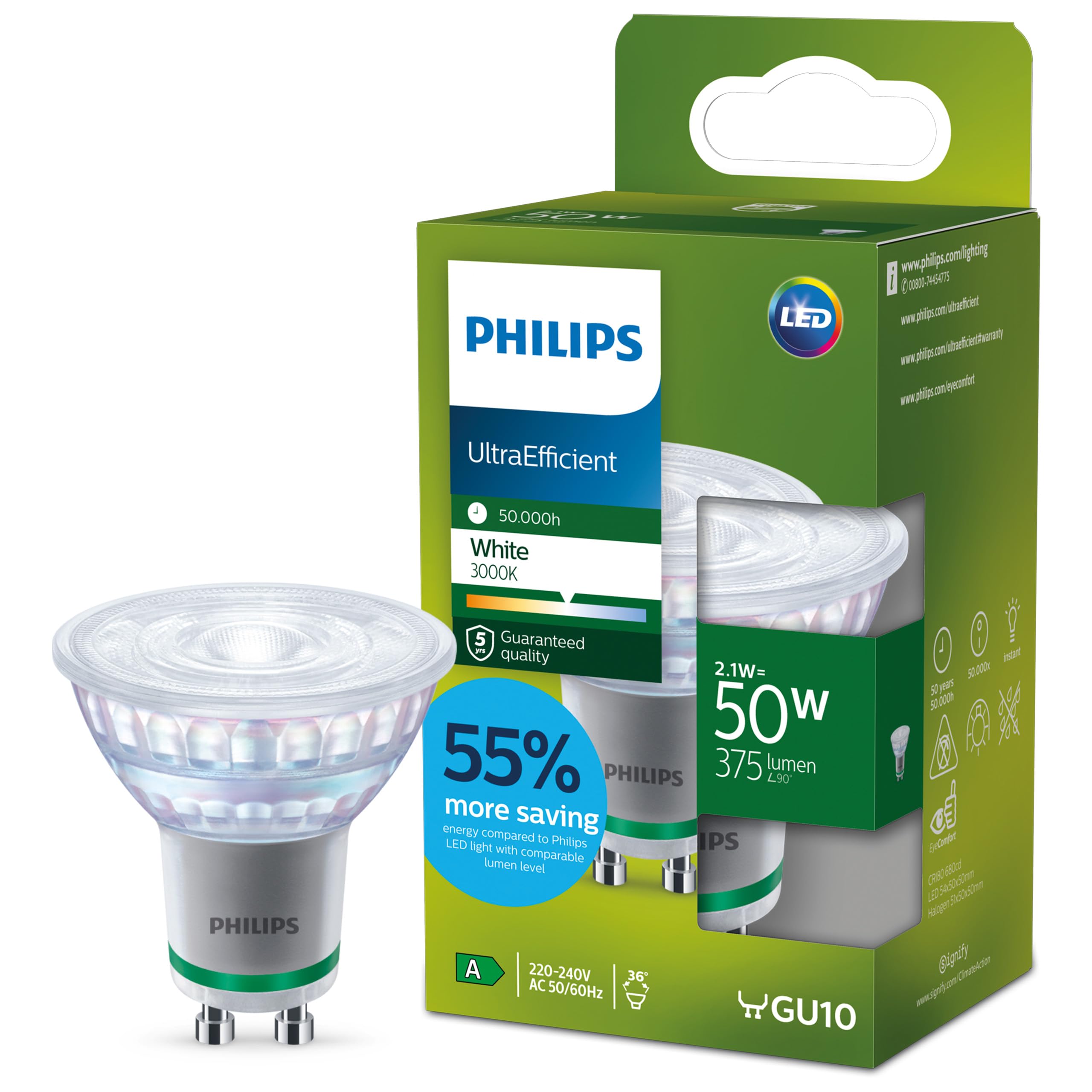 Philips Classic ultra-efficient LED bulb with energy efficiency class A, GU10 bulb, replaces 50W, white light, non-dimmable
