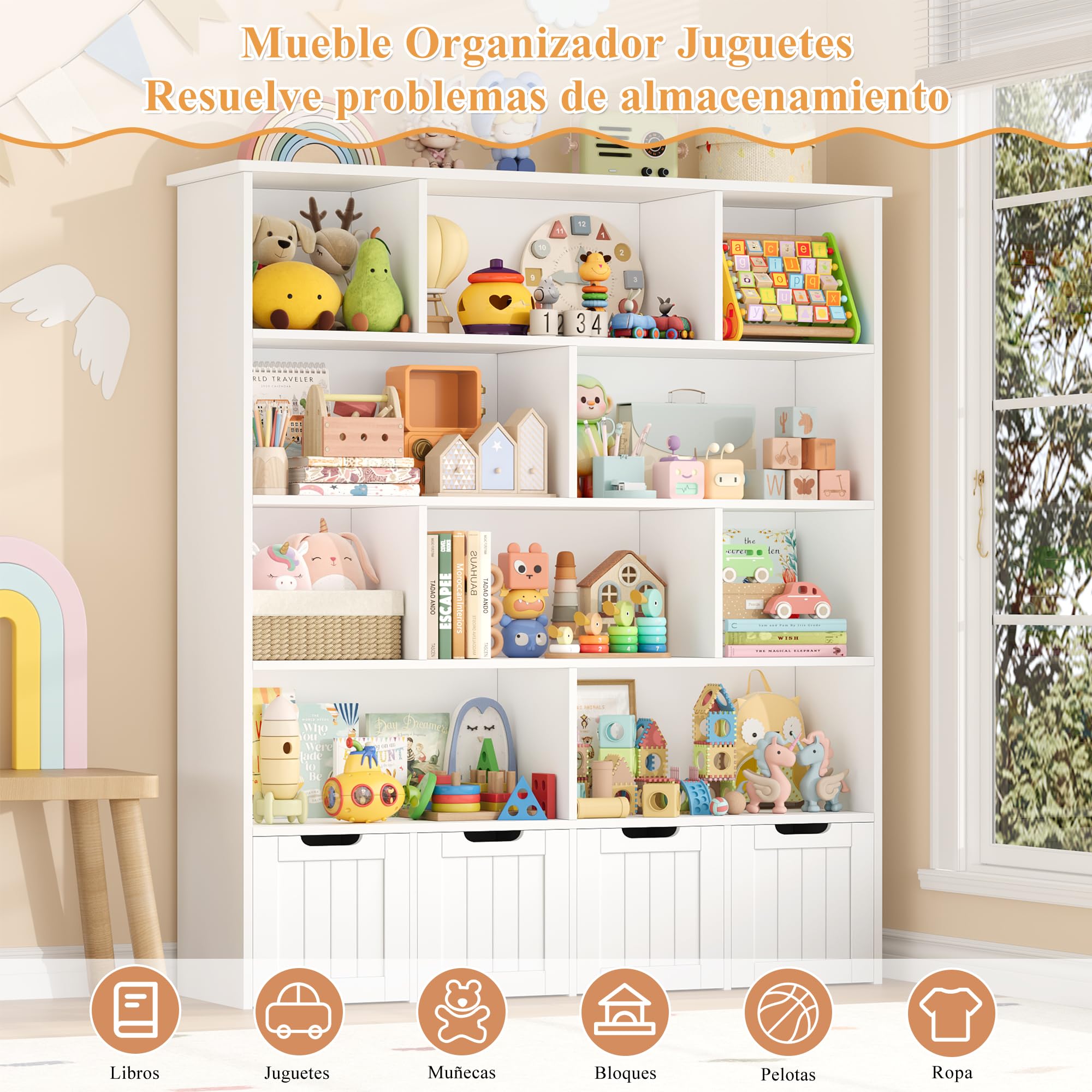 FOREHILL Mueble Organizador Juguetes, Mueble Almacenaje Juguetes, Estanteria Montessori, Organizador de Juguetes Infantil, 4 Cajones con Ruedas, 10 Compartimentos, Blanco 125.5x33x146 cm