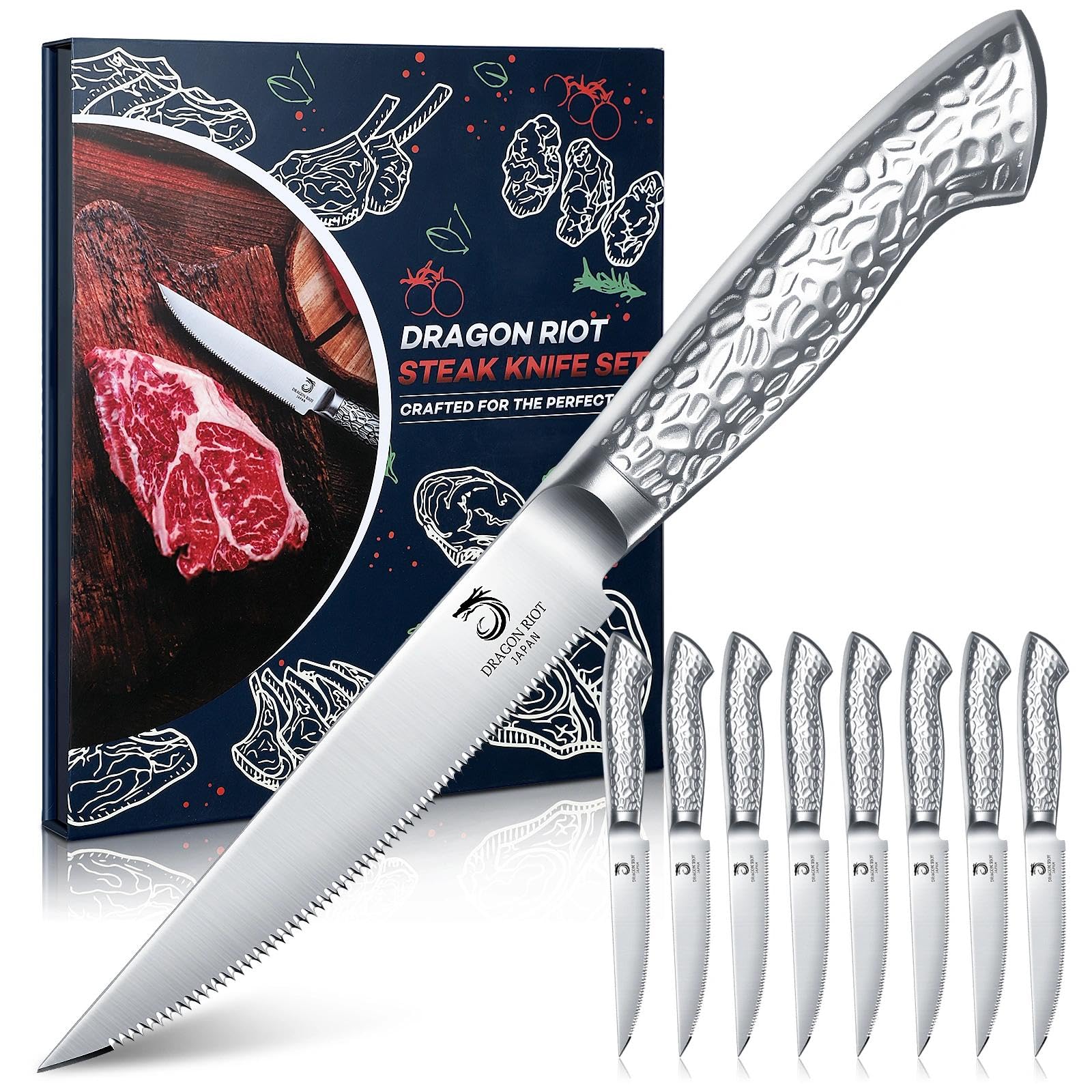 DRAGON RIOT Steak Knives Set of 8 Serrated Edge Steak Knife Set Japanese Stainless Steel Dinner Knife Diswasher Safe
