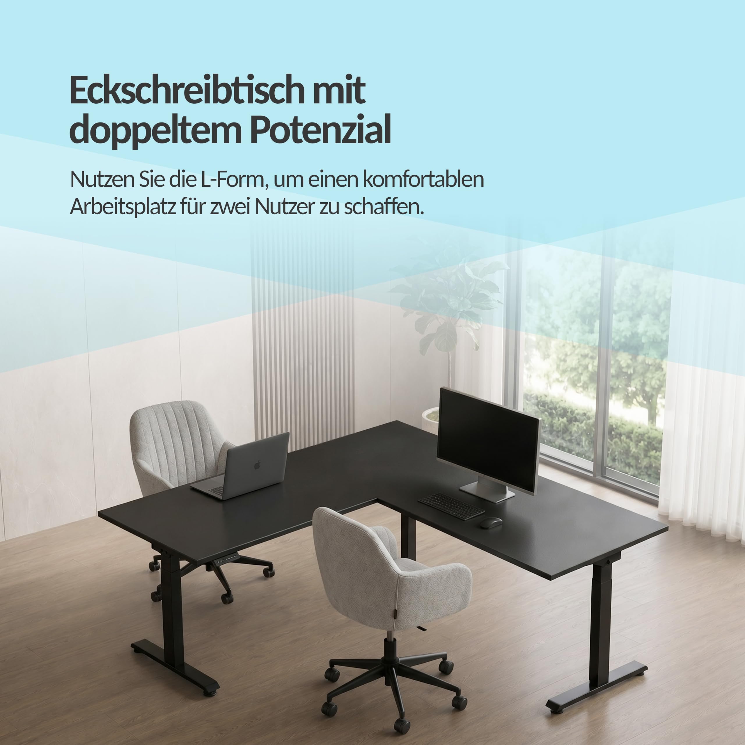 POKAR Höhenverstellbares Eck-Schreibtischgestell Elektrisch | Winkel 0 bis 90 Grad, Höhe 70 bis 118 cm | Memory-Panel mit USB-C und USB-A | Gestell für Steh-Sitz-Tisch Home Office | Schwarz