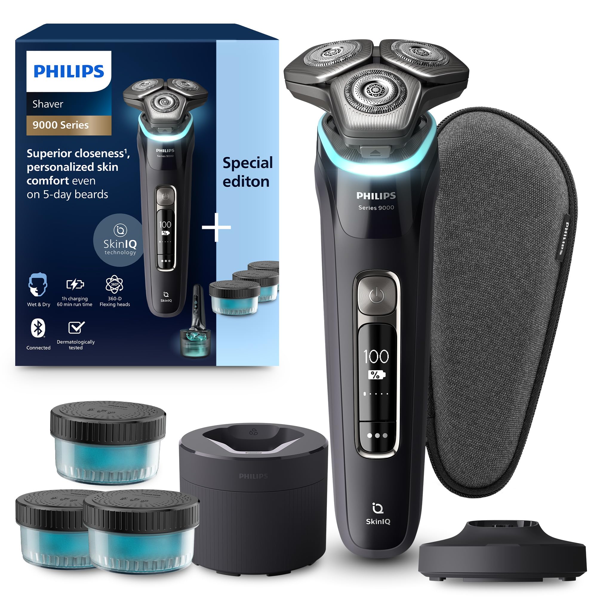 Philips Serie 9000 Afeitadora Eléctrica Hombre, Máquina de Afeitar Barba con Recortadora, 60min de uso, En Seco y Húmedo, Recargable, Centro de Limpieza, Base Carga, 4 Cartuchos, S9976/63, Negro