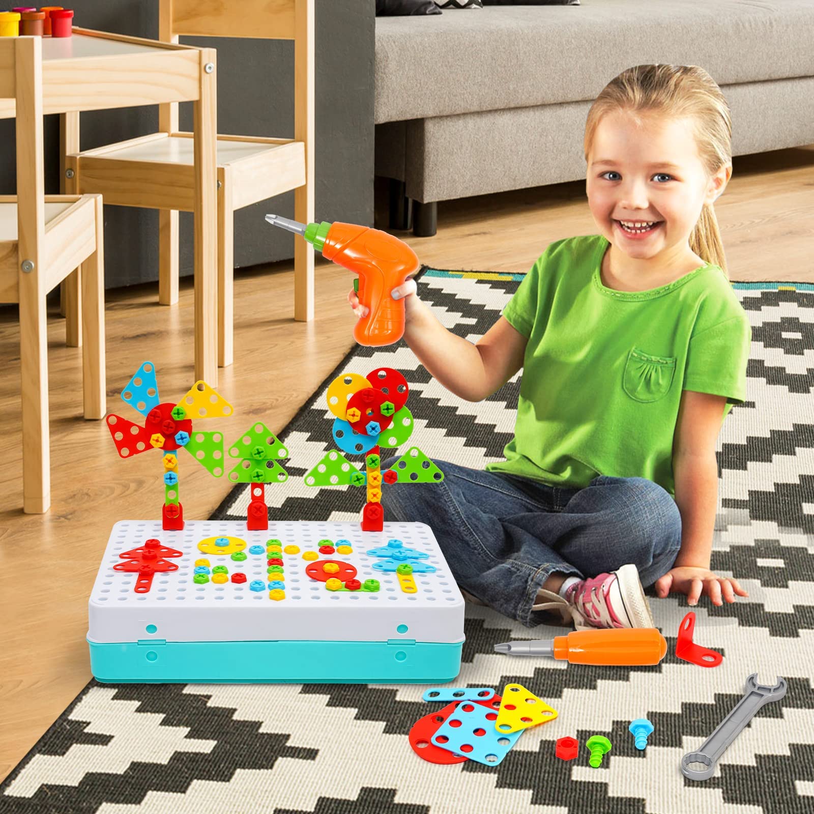 Ark miido Juguetes Niños 3 Años Herramientas Juguete Puzzle 3D Caja de Herramientas, Mosaicos Juegos de Construcción con Taladro Eléctrico, Juegos Educativos Regalos Niños 3 4 5 6 Años, 316 Piezas