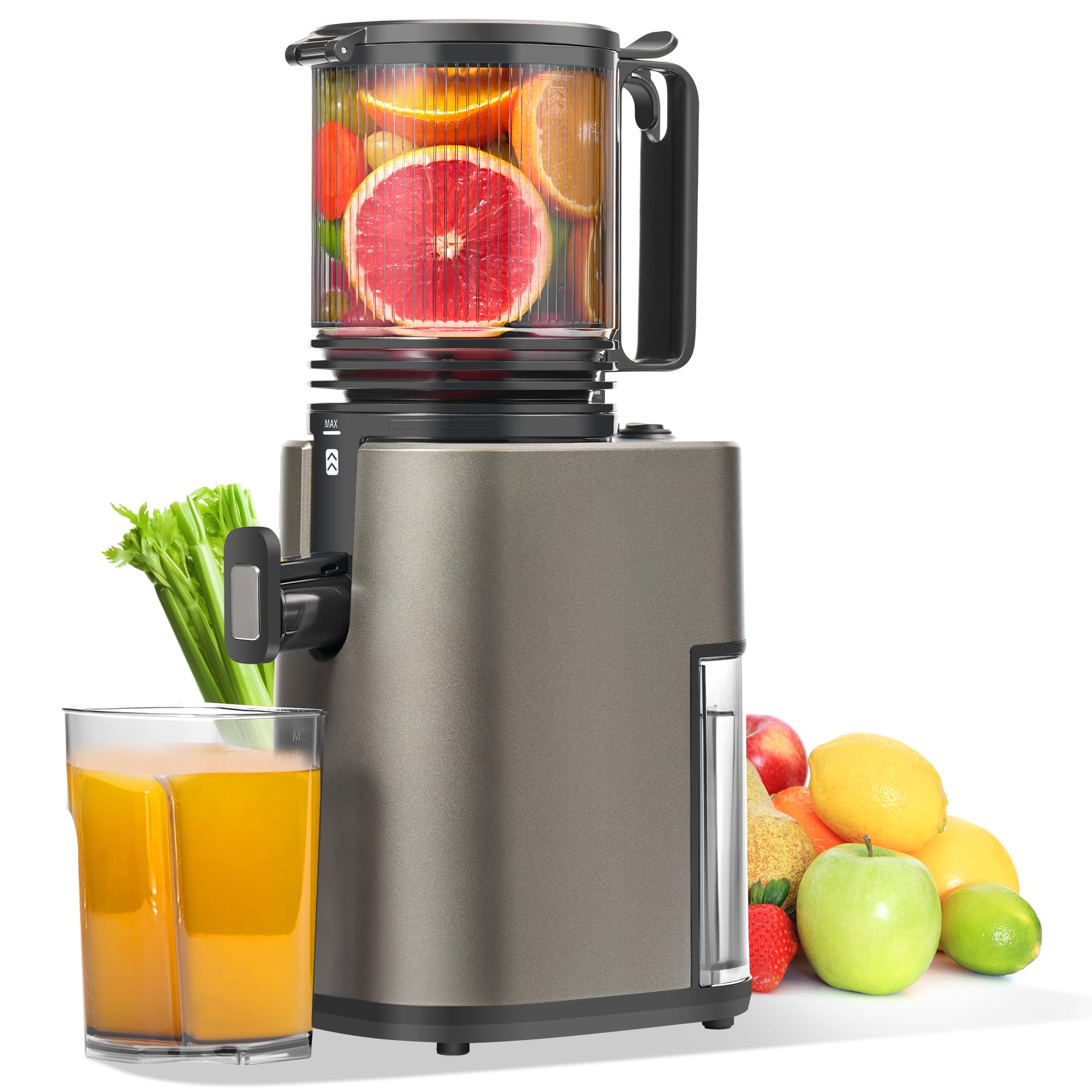 Estrattore Frutta e Verdura, Estrattore di succo con apertura di 14cm, Capacità 2L Juicer Machine Adatta a Frutta e Verdure, Grigio Opaco