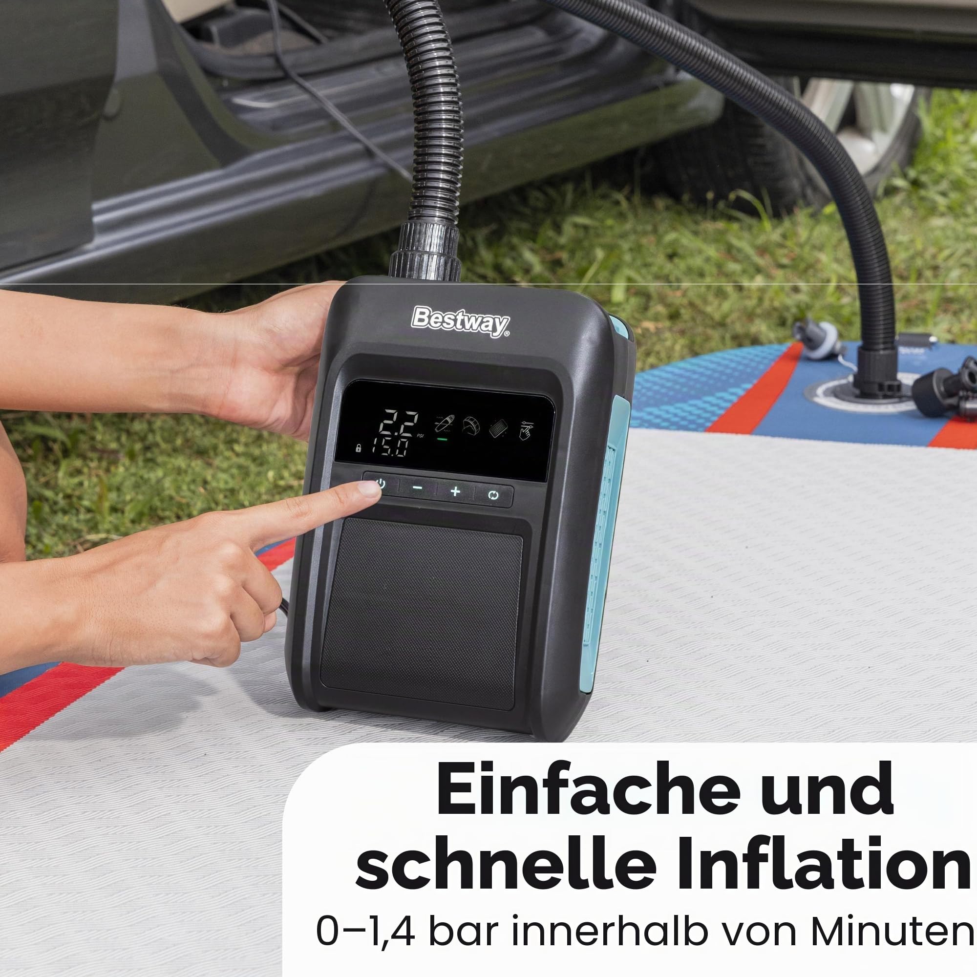 Bestway Powergrip Hochdruck-Elektropumpe 20 PSI – Elektrische 12V SUP Pumpe für Stand Up Paddle Boards, Schlauchboote & Luftmatratzen, Autoanschluss, 250 l/min