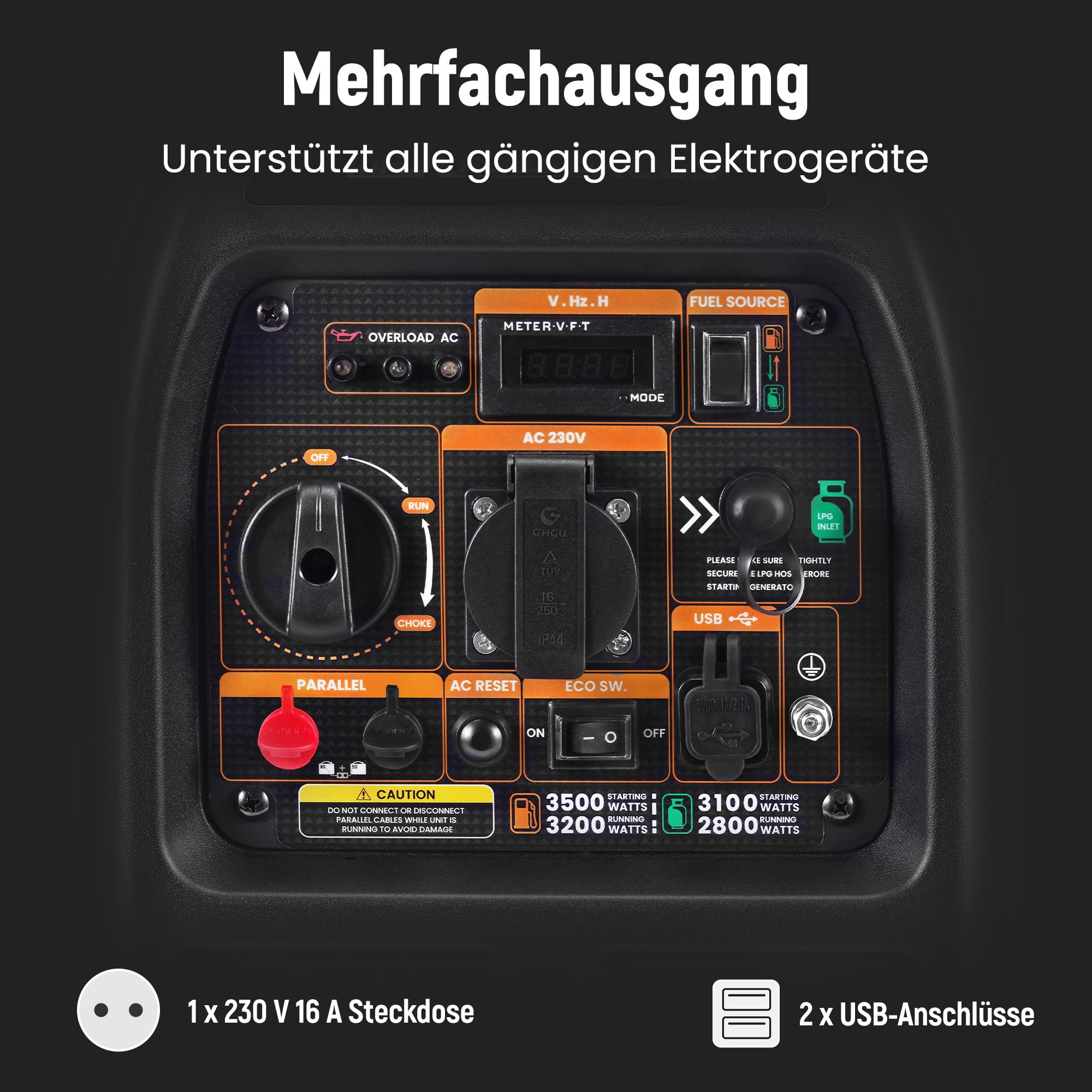 maXpeedingrods 3500W LPG/Benzin Inverter Stromgenerator Generator Gas Leise Stromerzeuger Dual Fuel Notstromaggregat mit 230 V / 16 A Steckdose; 2 × USB-Anschlüsse für Camping Garage Reise Outdoor