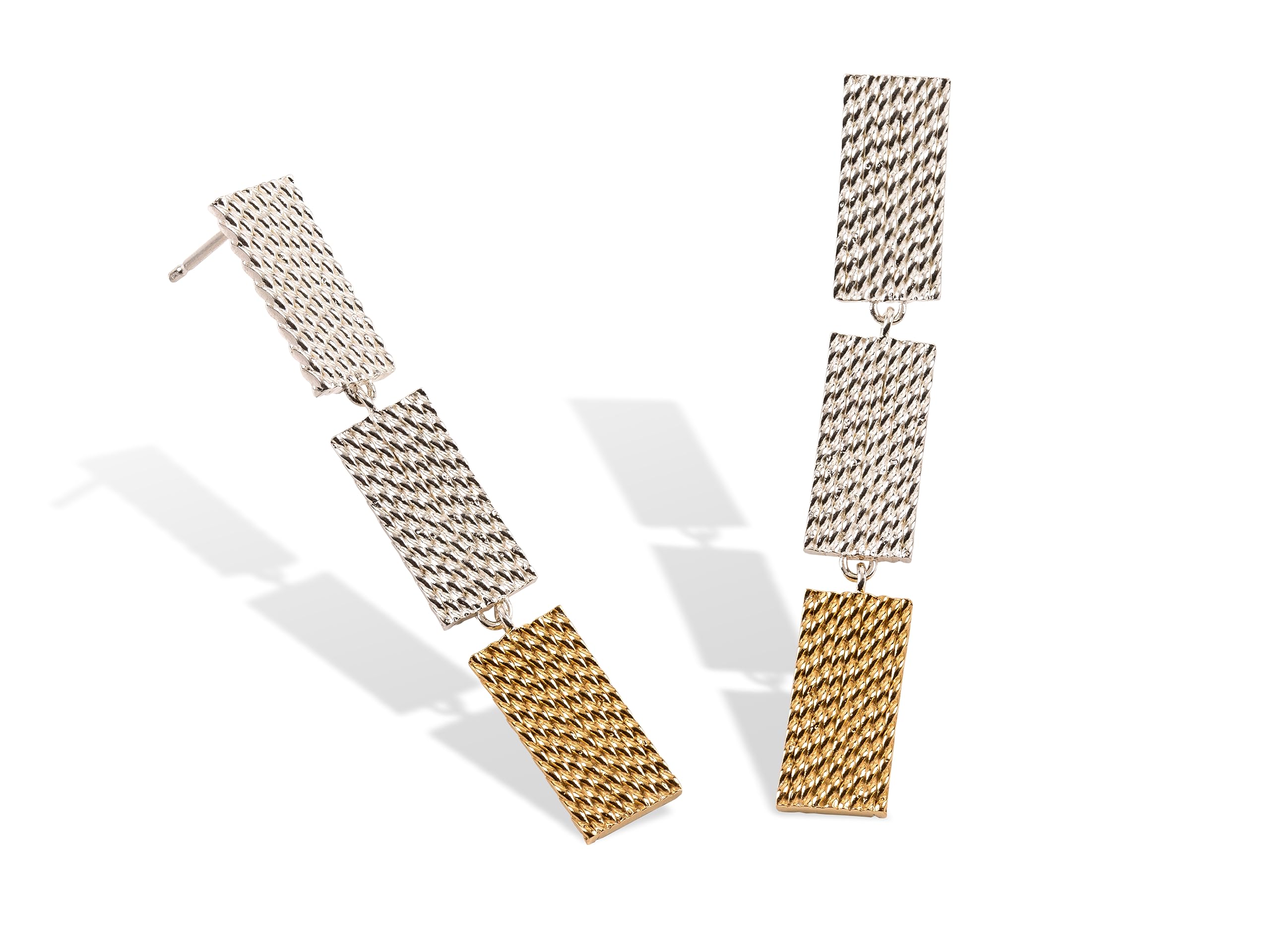Orecchini Lunghi Articolati in Argento 925 Placcato Oro, Stile Geometrico Moderno, Fatto a Mano in Italia, 5,3 cm