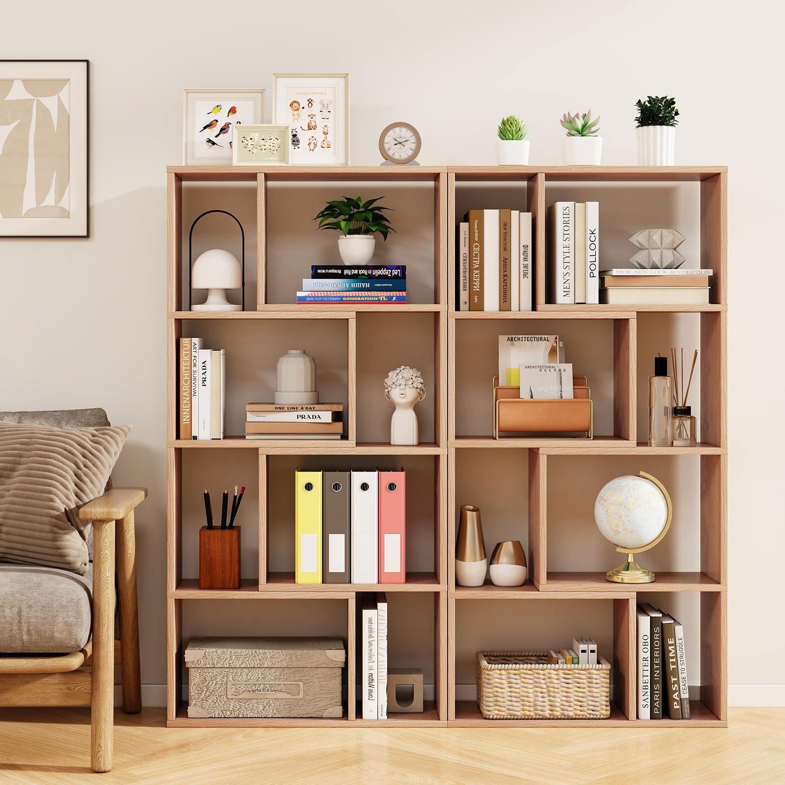 HOMASIS Librería de Pared con 4 estantes, Estantería con Patas Antideslizantes y Dispositivo antivuelco, Estantería Cubo de Madera, Librería Separador para salón, Dormitorio, 60x20x120cm (Natural)