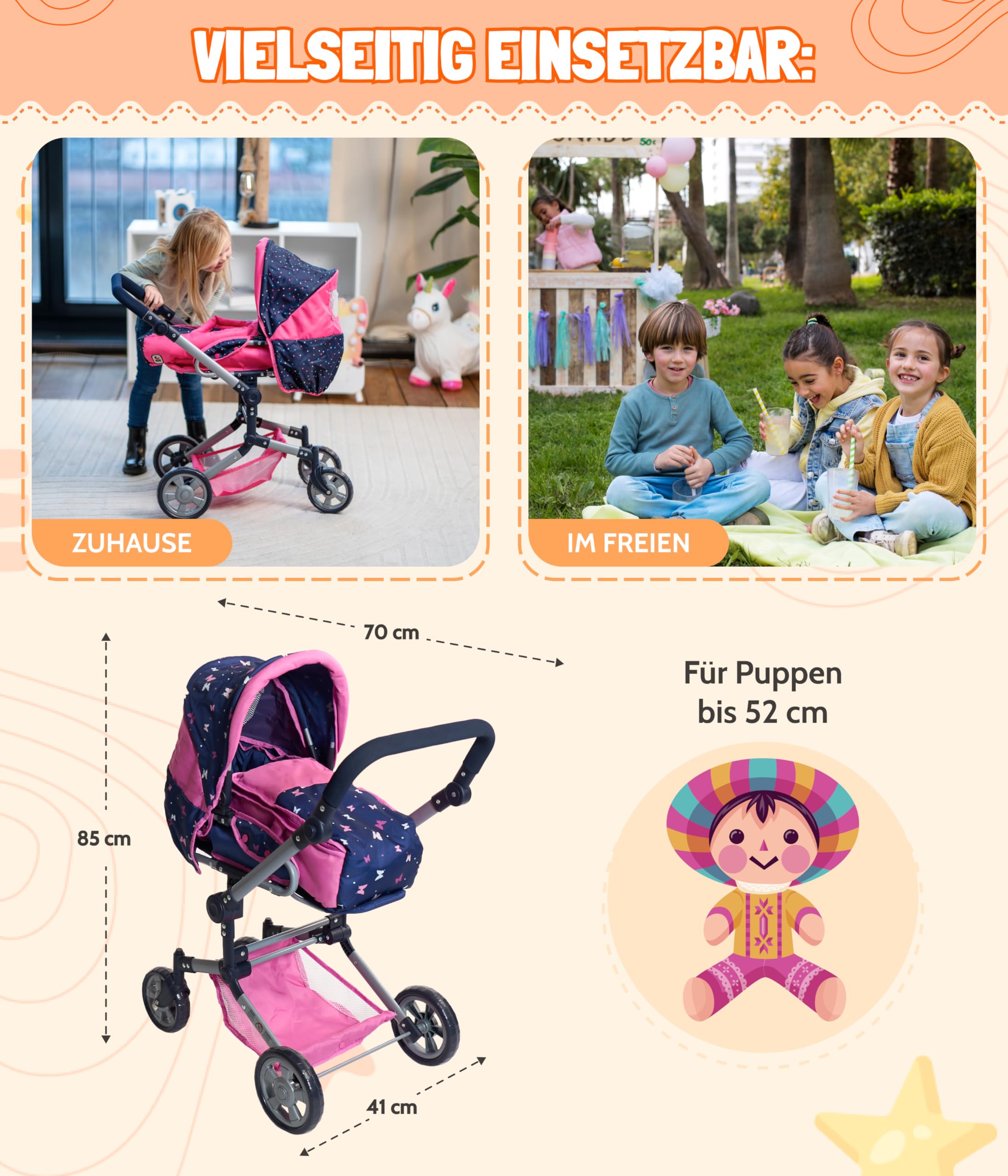 Bayer Chic 2000 587-33 Wózek dla lalek Jara, 2 w 1, dla dzieci w wieku od 4 do 8 lat, Butterfly, granatowo-różowy