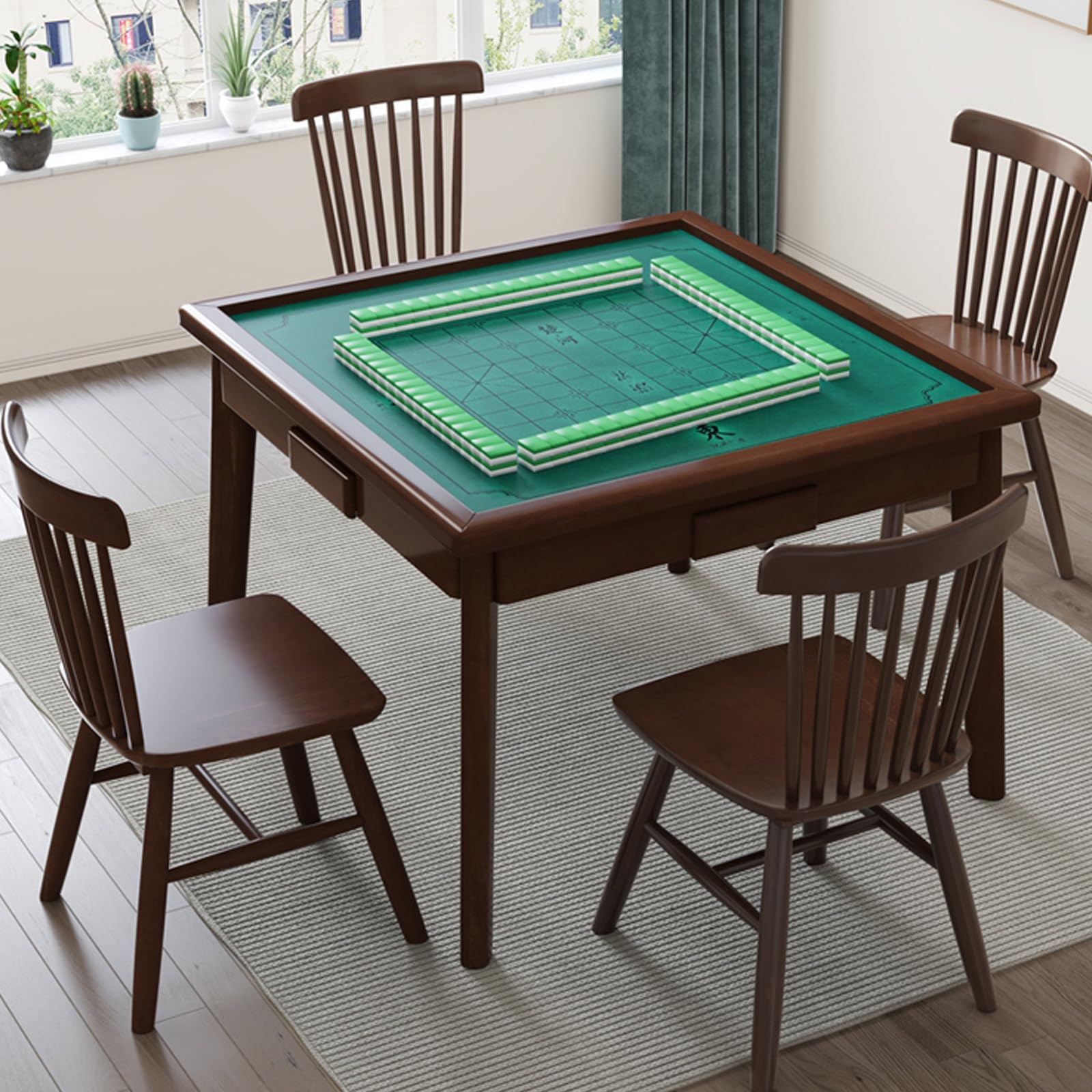 Mescxty Brown Mahjong Game Table Wooden Square With 4 Drawers - Multifunctional Design For Domino, Poker, And Jigsaw Puzzles, 34.5 Inches
