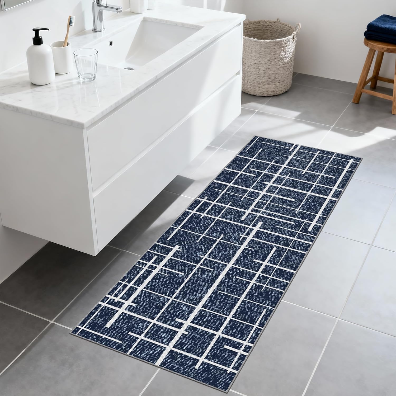 Washable Runner Rug 2x6, Blue Modern Distressed Stripe, Hallway Runner Rug Non Slip, Woven Thin No Shed Runners for Entryway, Kitchen, Laundry Room- Blue
