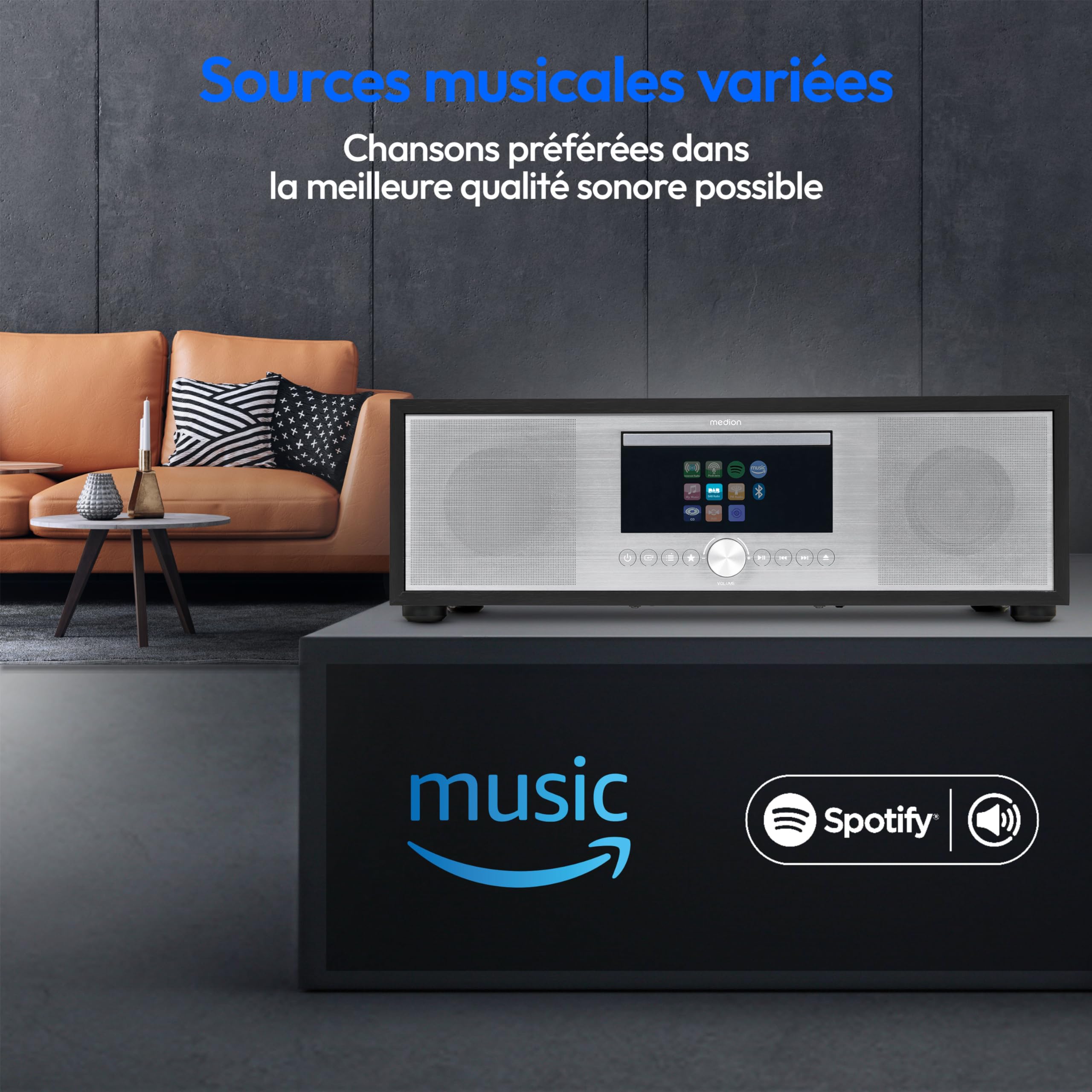 MEDION P66400 Chaîne Audio Tout-en-Un (Radio Internet, Dab+, Lecteur CD/MP3, Spotify, Amazon Music, Radio FM PLL, USB, AUX, Caisson de Basses, Réveil, Veille Automatique) Argent