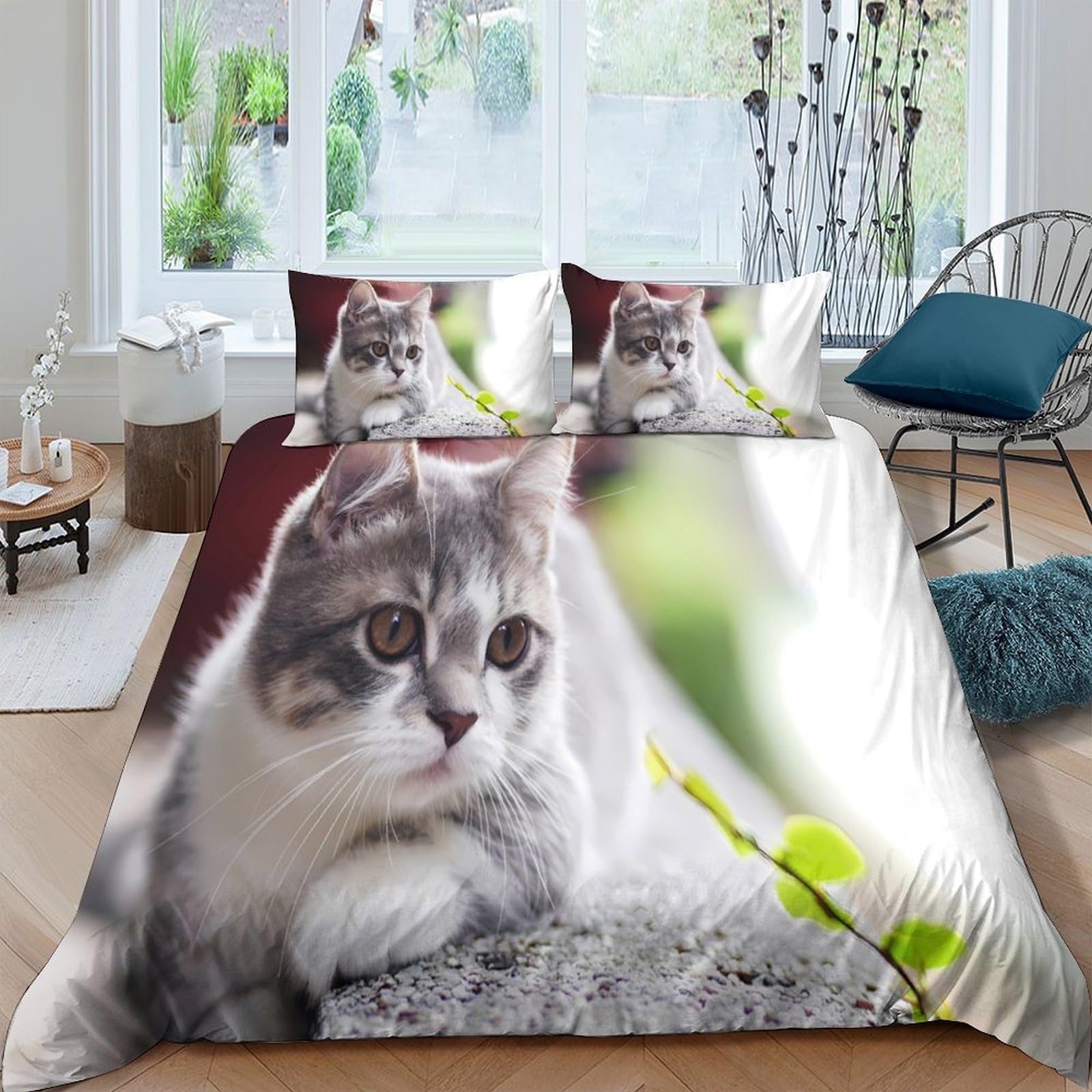 Ctjqhvkz Style-3 3D Printed Grey Tabby Cat Fitted Sheet Microfiber Soft Decorative Green Nature Bed Cover For Bedroom Guest Room Easy Care Single（135X200cm）