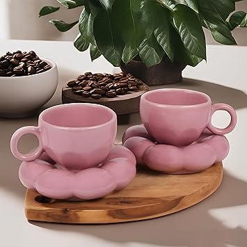 KAOLINITE Bubble Design Ceramic Cup and Saucer Set | Ceramic Ceffee Mug with Saucer | Bubble Design Cup and Saucer | Microwave Safe | Dishwasher Safe (Pink, 240 ML) Pack of Two