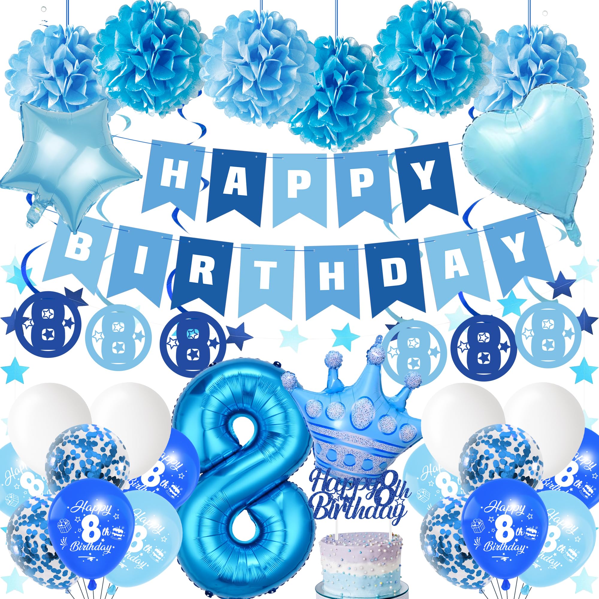 Geburtstag 8 Jahre Junge Luftballon - 35 StüCk Blau Happy Birthday Banner Riesen Folienballon Zahl Geburtstagsdeko Girlande Tortendeko Papier Pompons Deko FüR Jungen 8 Jahr Party Dekorationen