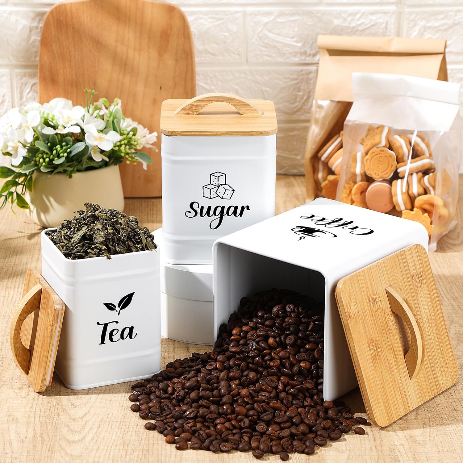 Maxdot 3 Set Coffee Sugar Tea Containers, Square Airtight Kitchen Canisters Storage Ground Organization with Bamboo Lids Rustic Metal Jars for Coffee Bar Beans, Tea Leaves, Food, Countertop(Cream)