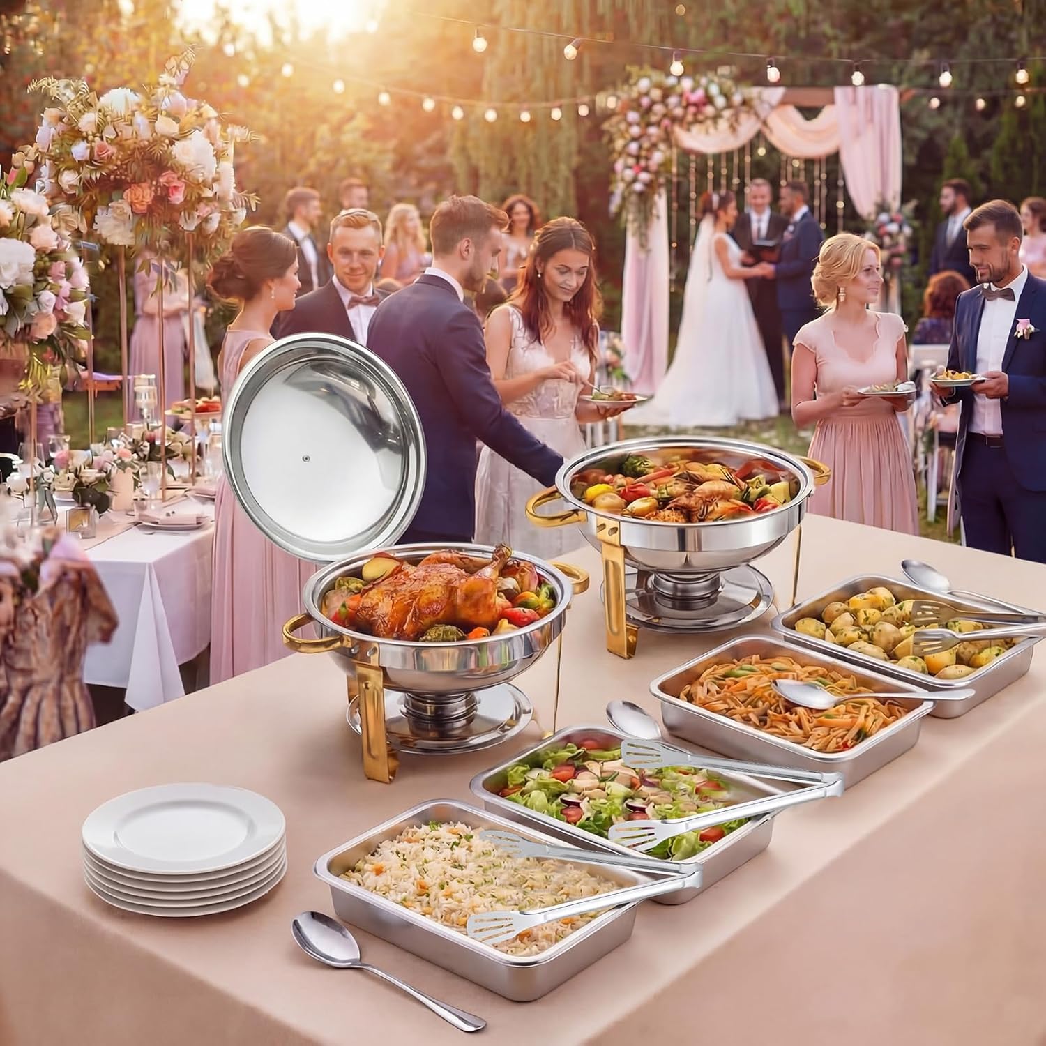 Chafing Dishes for Buffet Set 2 Pcs Stainless Steel Chafing Dishes with Lid 4 Stainless Steel Food Pan Metal Tray Food Container 8 Serving Utensils (Spoons and Tongs) for Party Event Dinner