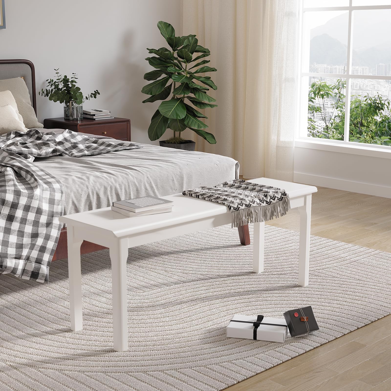 Panca in legno di quercia massiccio, per camera da letto, casa, tavolo da pranzo, 120 x 36 x 40 cm, bianco