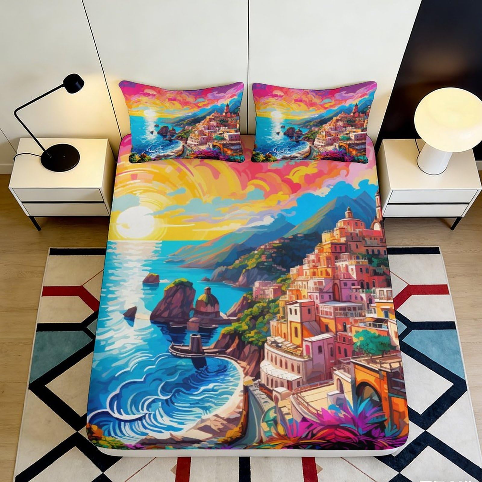 3D Printed Colorful Coastal Village Fitted Sheet Microfiber Soft Durable Vibrant Sunrise Bed Cover for Bedroom Dormitory Guest Room Mattress Protection 140x200x25cm